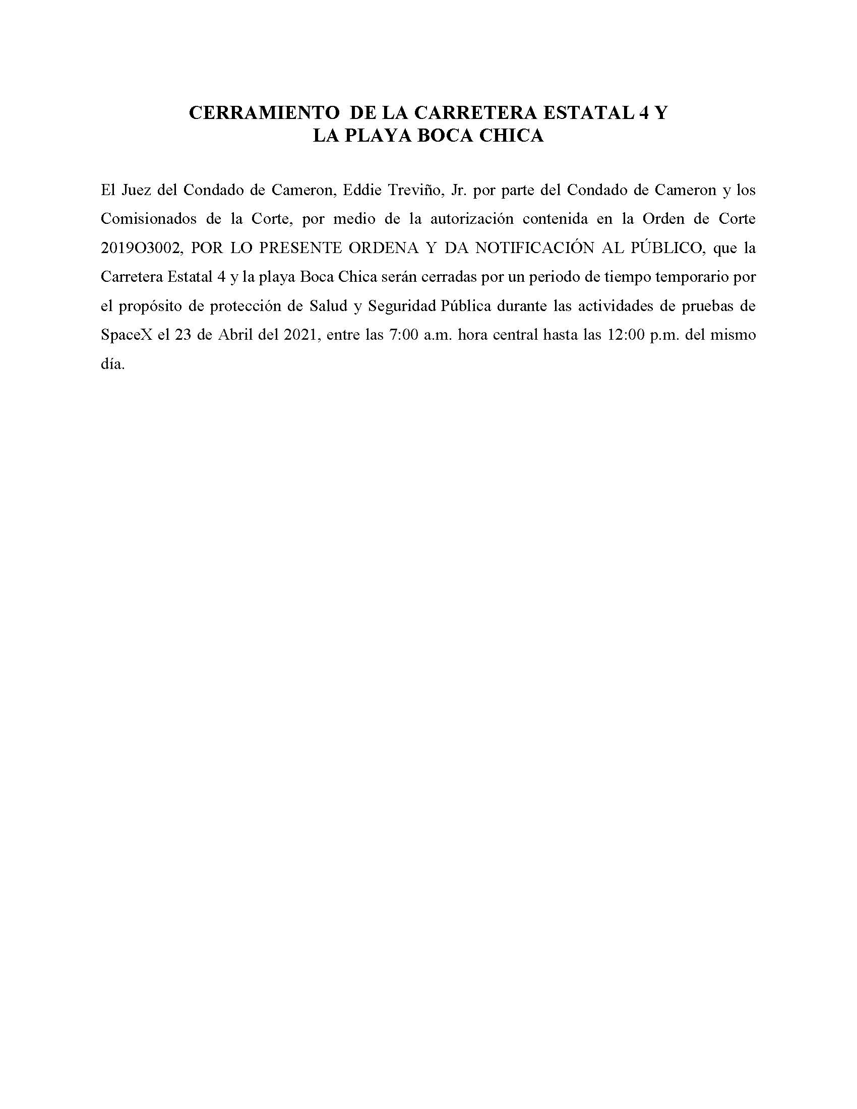 ORDER.CLOSURE OF HIGHWAY 4 Y LA PLAYA BOCA CHICA.SPANISH.04.23.2021 002
