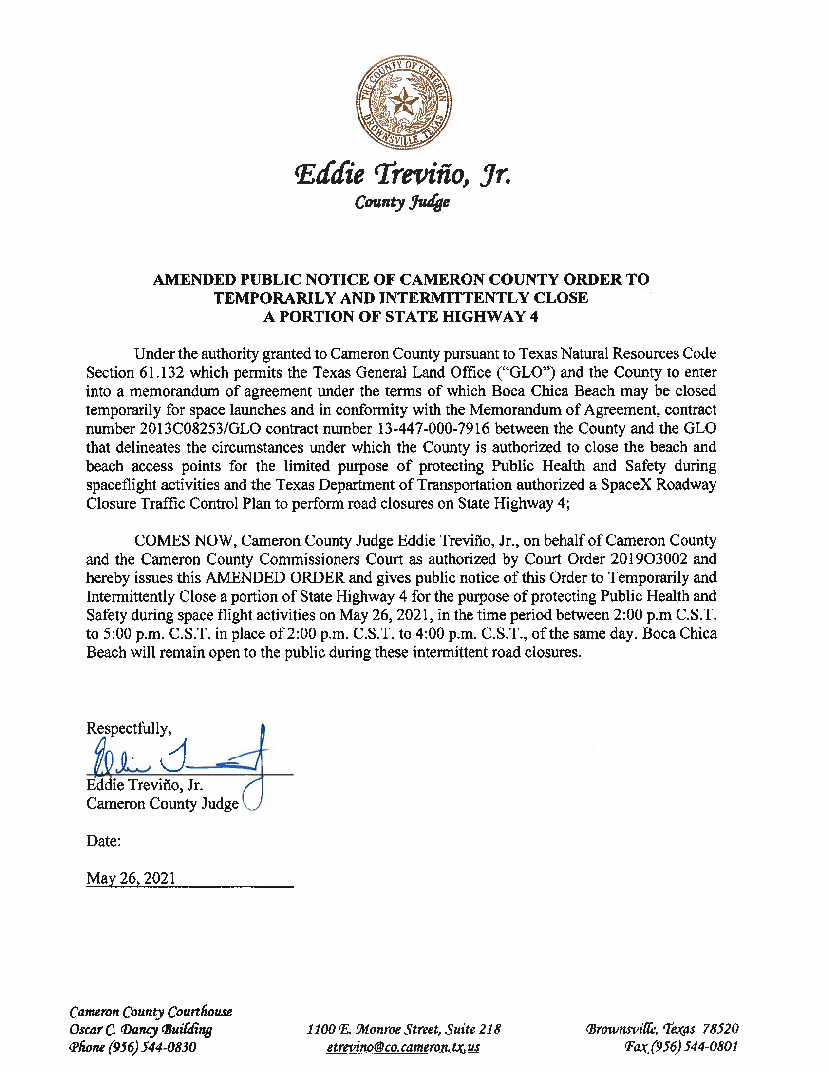 AMENDED PUBLIC NOTICE OF CAMERON COUNTY ORDER TO TEMP. ROAD CLOSURE. 05.26.2021