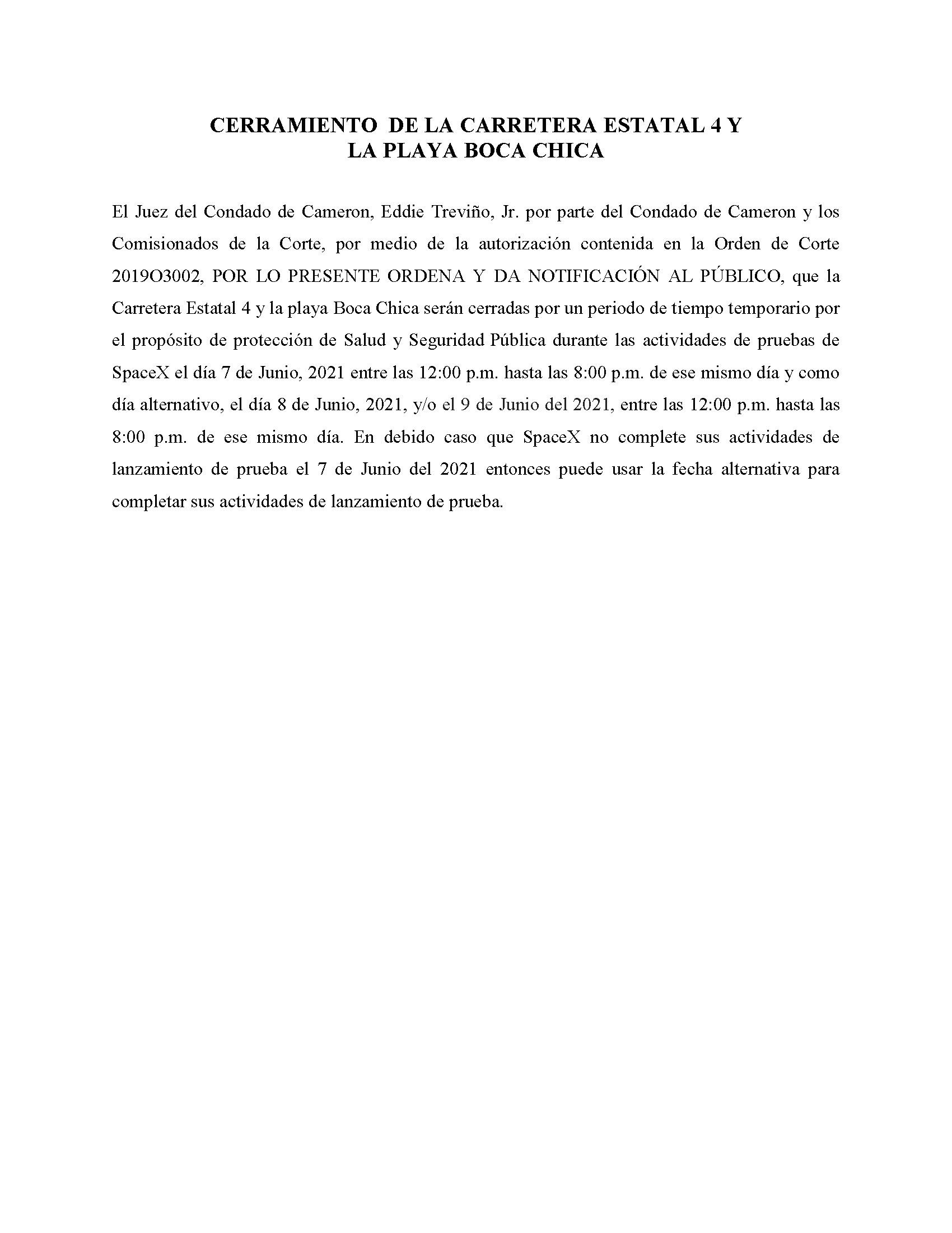 ORDER.CLOSURE OF HIGHWAY 4 Y LA PLAYA BOCA CHICA.SPANISH.06.07.2021