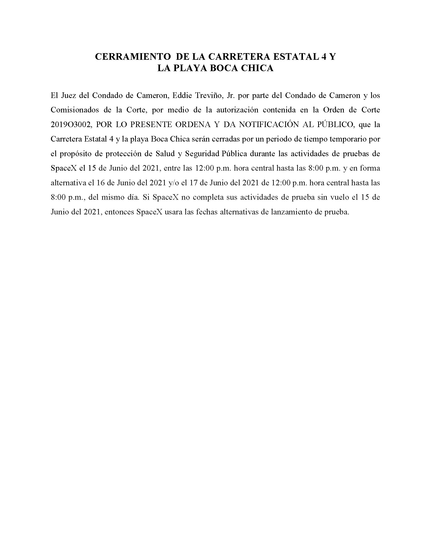 ORDER.CLOSURE OF HIGHWAY 4 Y LA PLAYA BOCA CHICA.SPANISH.06.15.2021