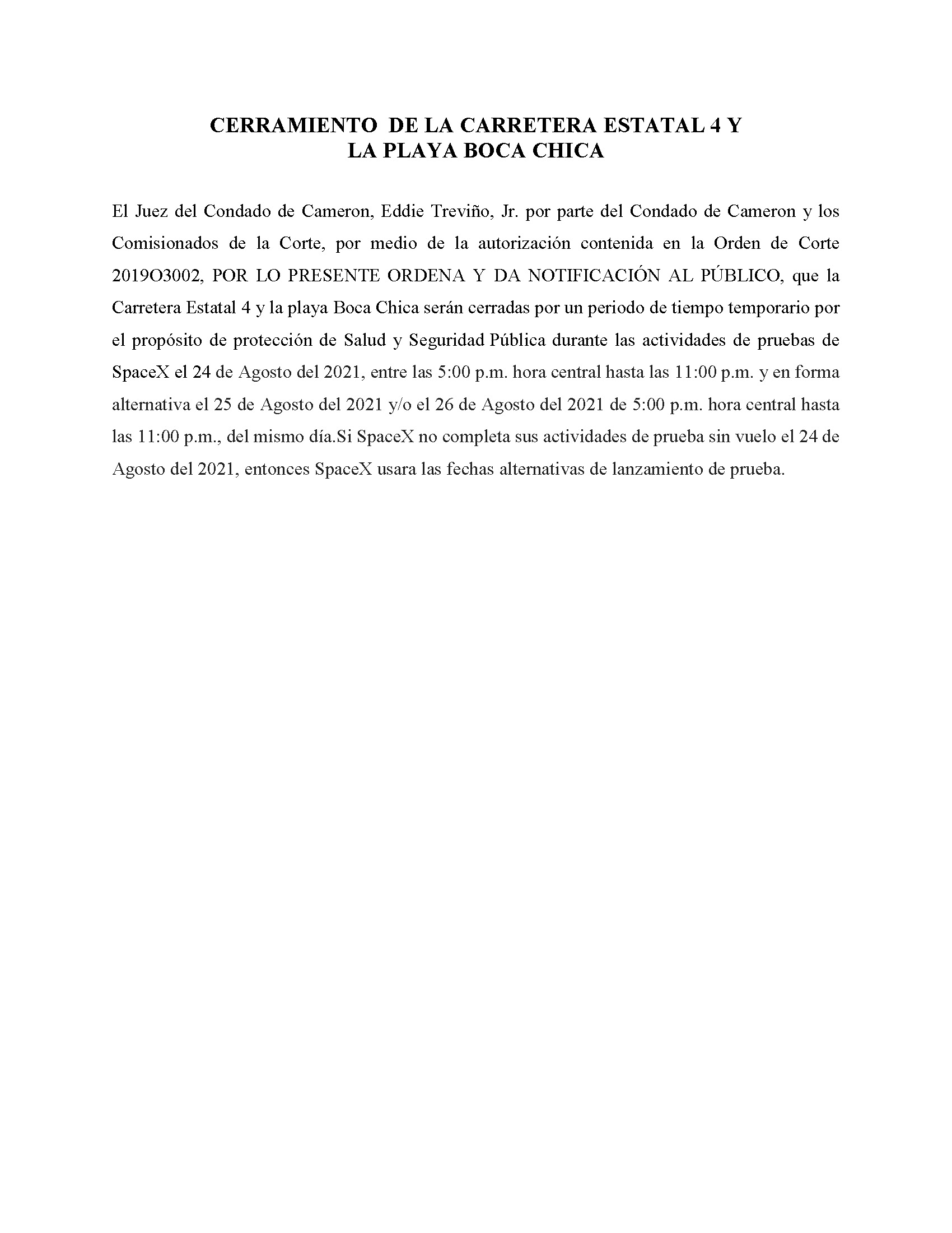 ORDER.CLOSURE OF HIGHWAY 4 Y LA PLAYA BOCA CHICA.SPANISH.08.24.2021