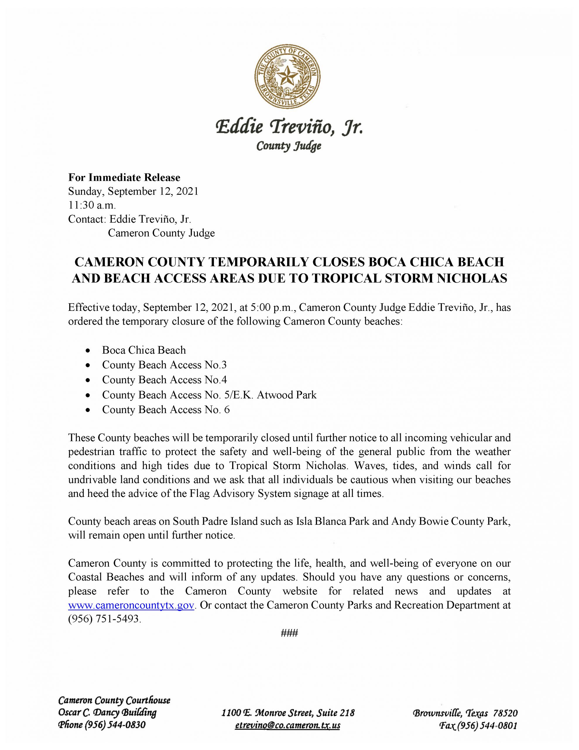 Cameron County Beach Access Closures Press Release 9.12.21 Scaled