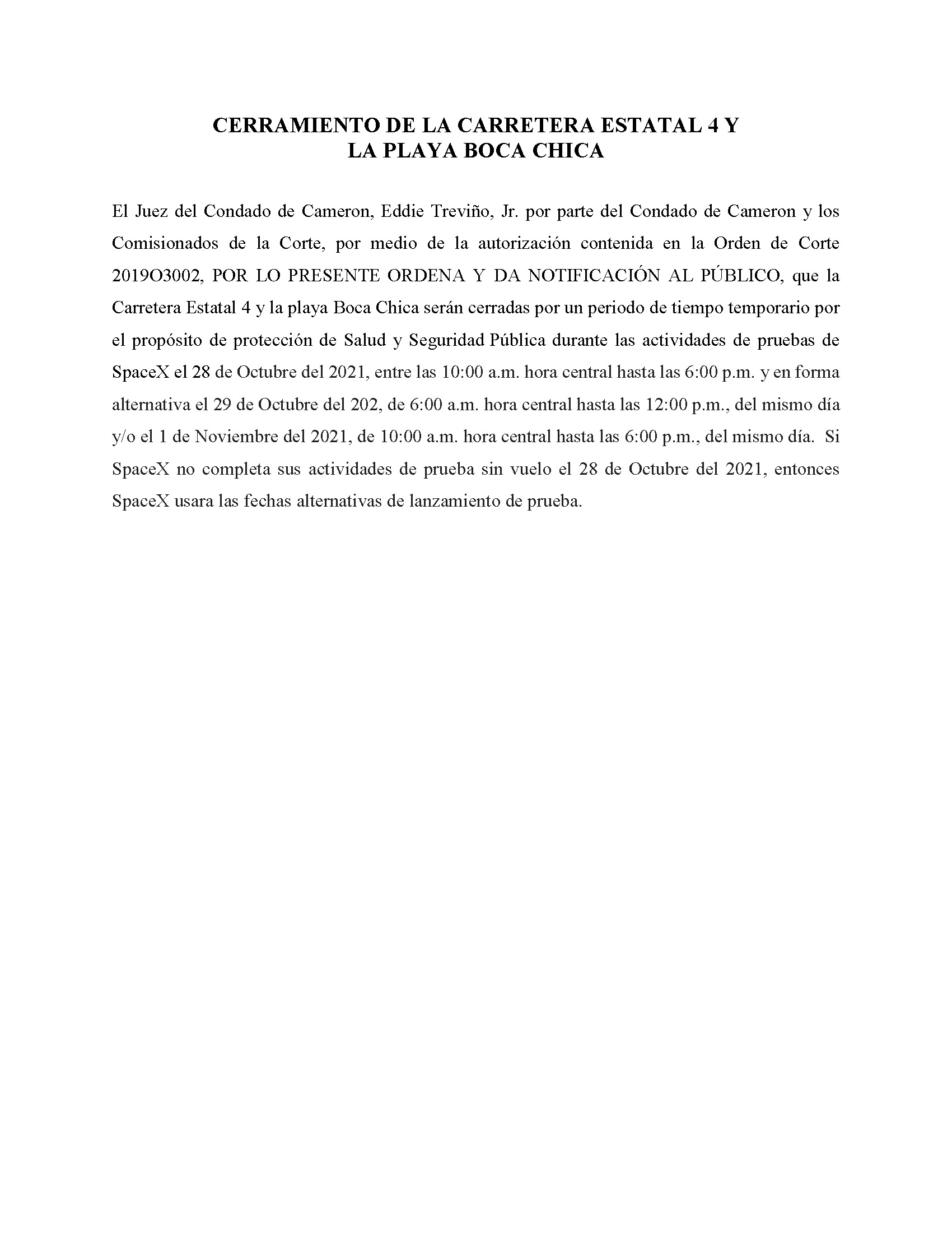 ORDER.CLOSURE OF HIGHWAY 4 Y LA PLAYA BOCA CHICA.SPANISH.10.28.2021