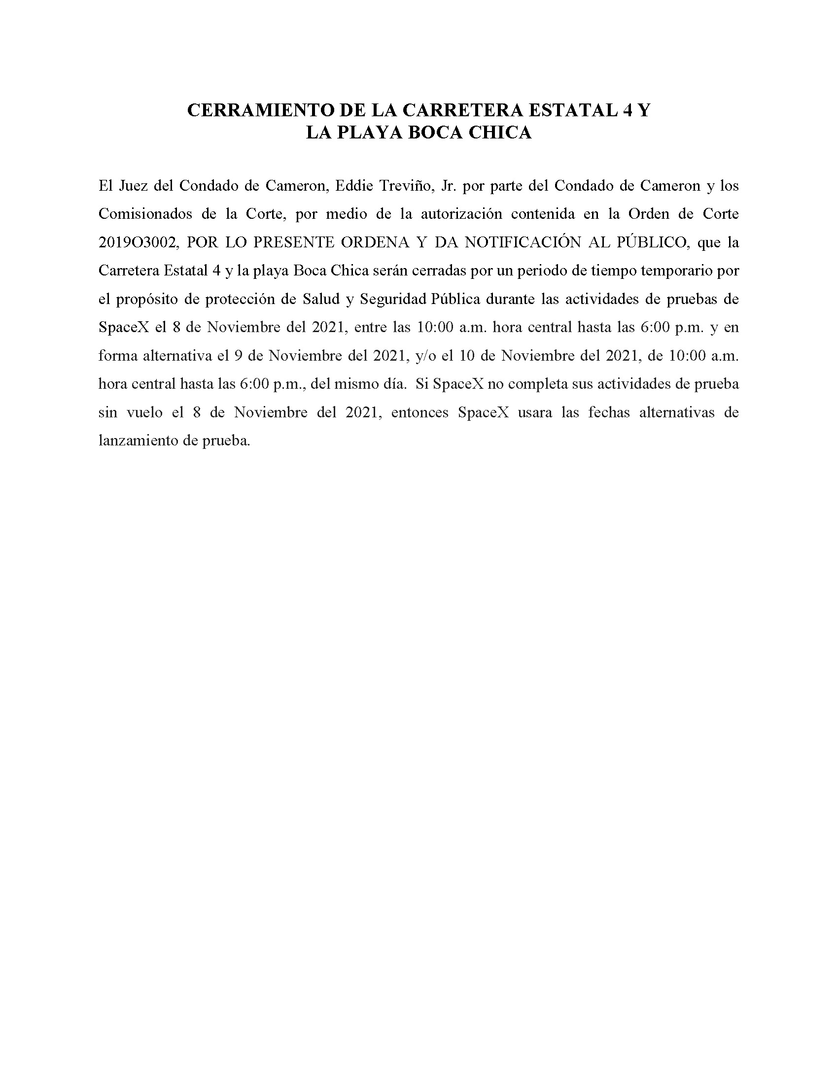 ORDER.CLOSURE OF HIGHWAY 4 Y LA PLAYA BOCA CHICA.SPANISH.11.08.2021