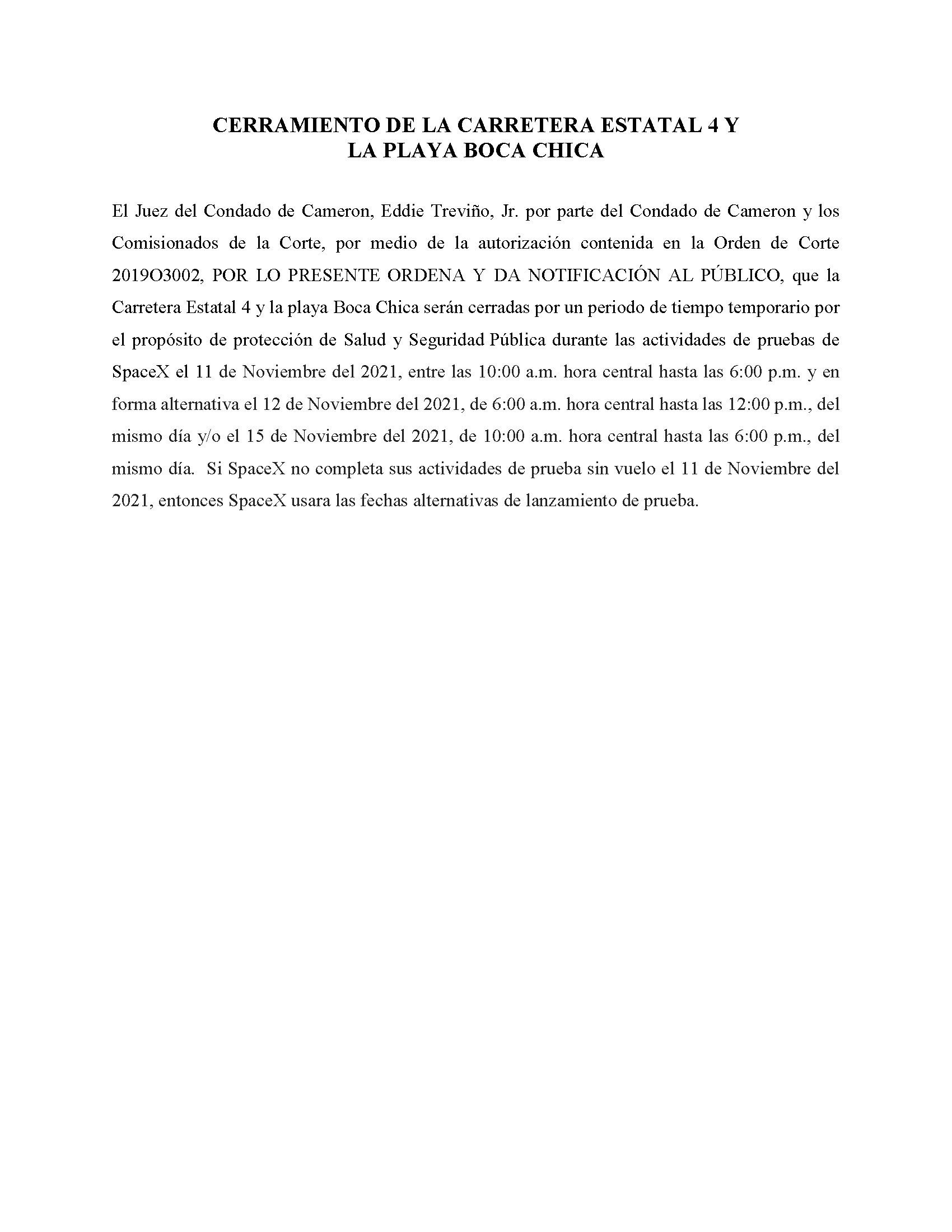 ORDER.CLOSURE OF HIGHWAY 4 Y LA PLAYA BOCA CHICA.SPANISH.11.11.2021