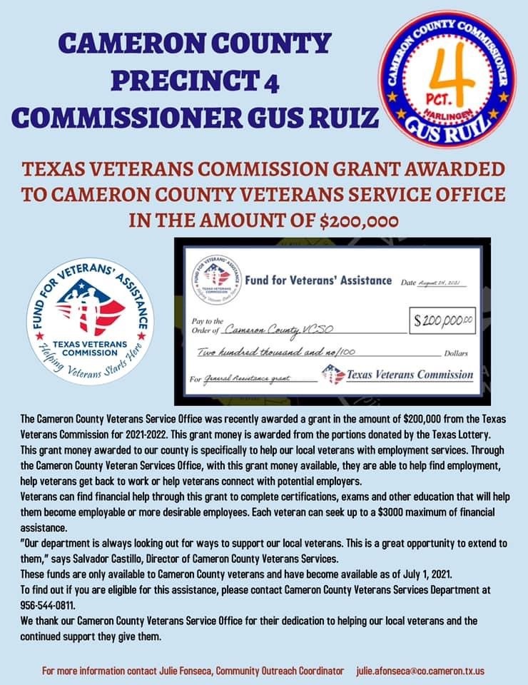 Texas Veterans Commission Grant Awarded To Cameron County Veterans Service Office