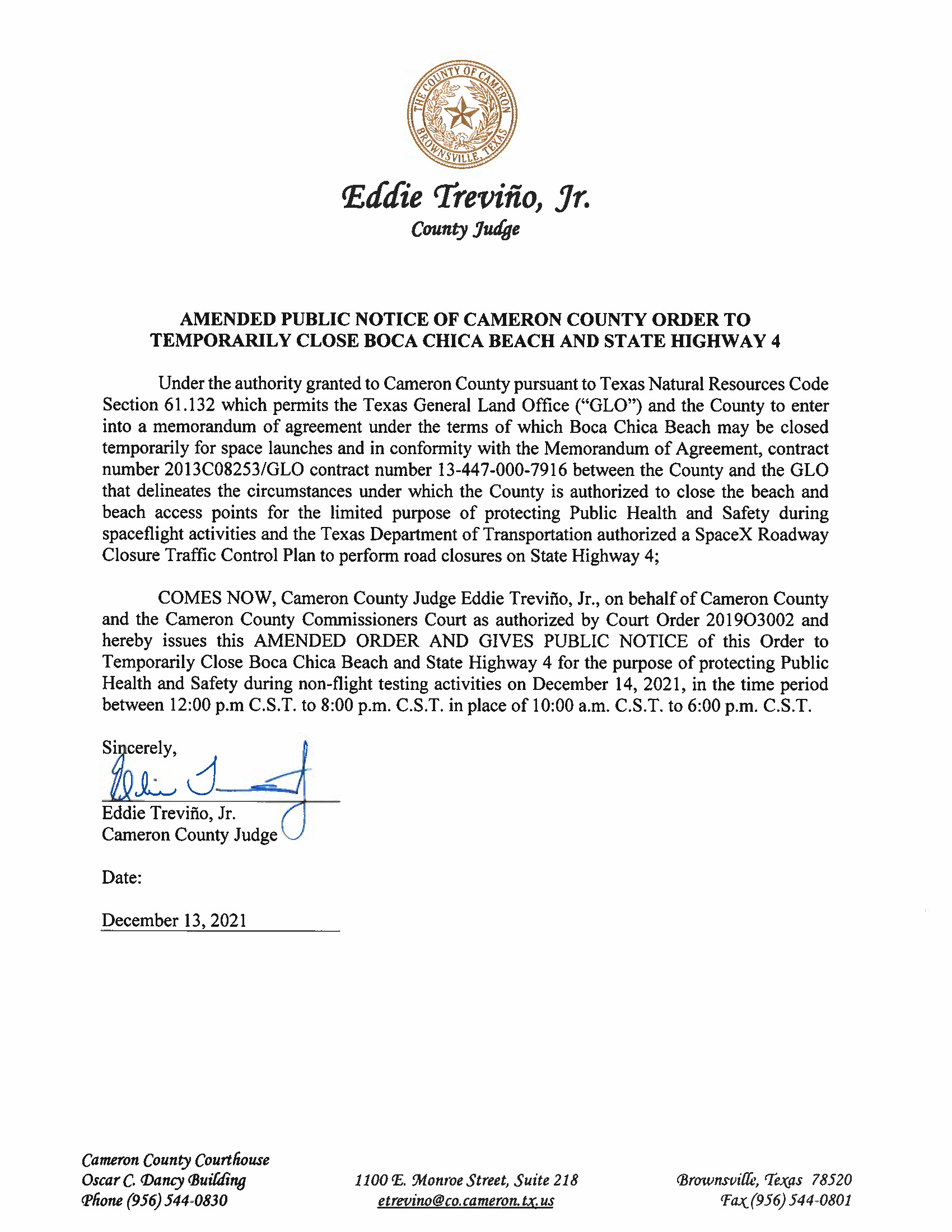 AMENDMENT PUBLIC NOTICE OF CAMERON COUNTY ORDER TO TEMP. BEACH CLOSURE AND HWY.12.14.2021
