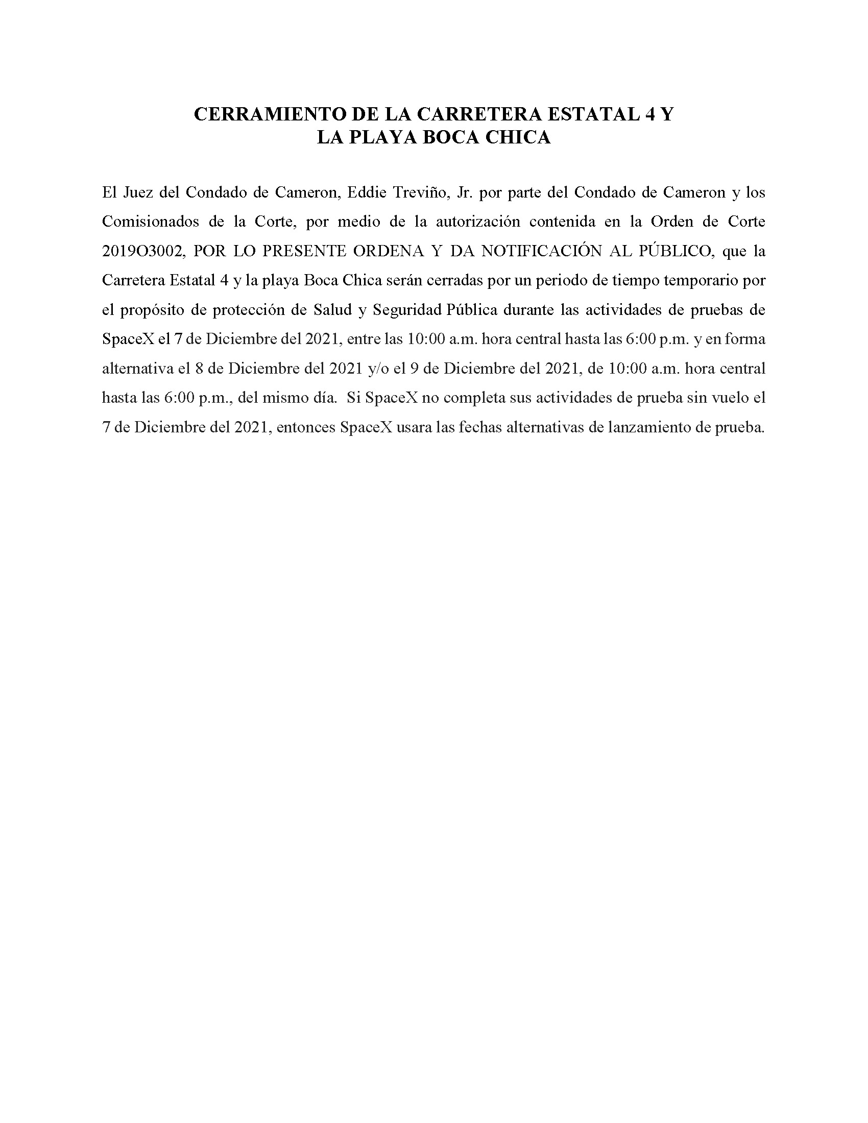 ORDER.CLOSURE OF HIGHWAY 4 Y LA PLAYA BOCA CHICA.SPANISH.12.07.2021