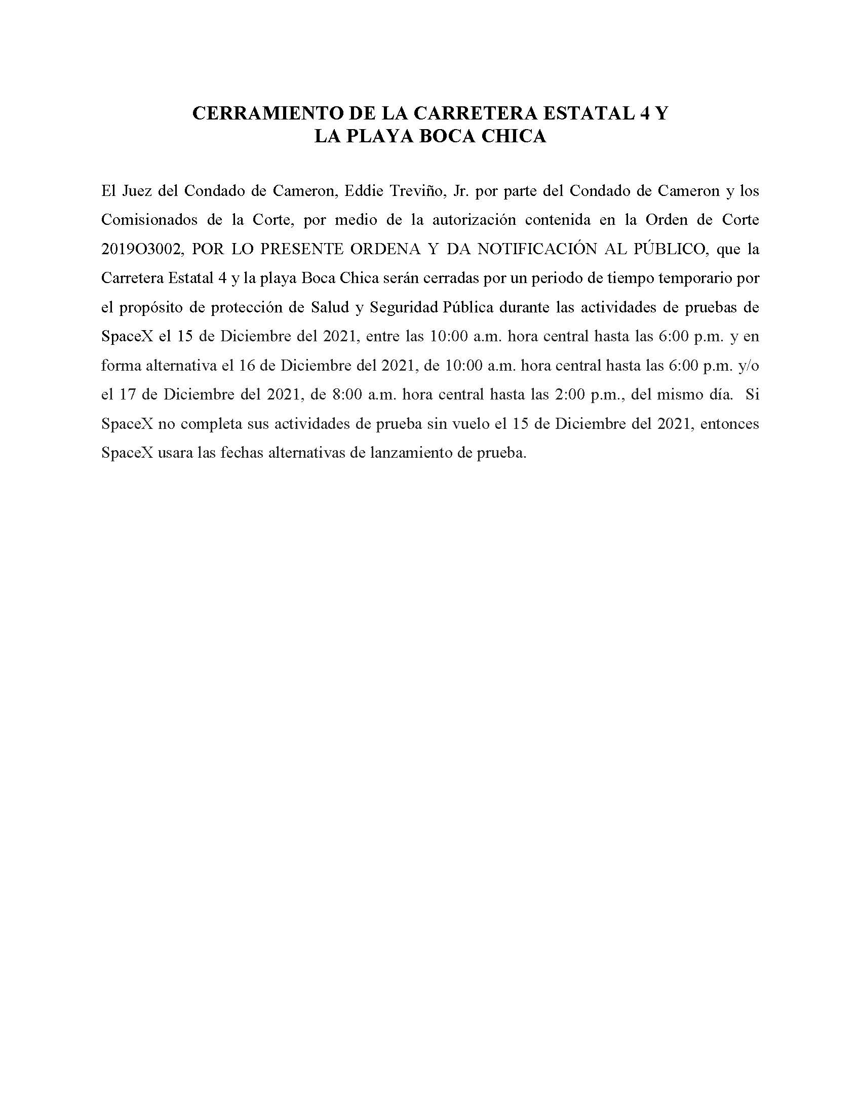 ORDER.CLOSURE OF HIGHWAY 4 Y LA PLAYA BOCA CHICA.SPANISH.12.15.2021
