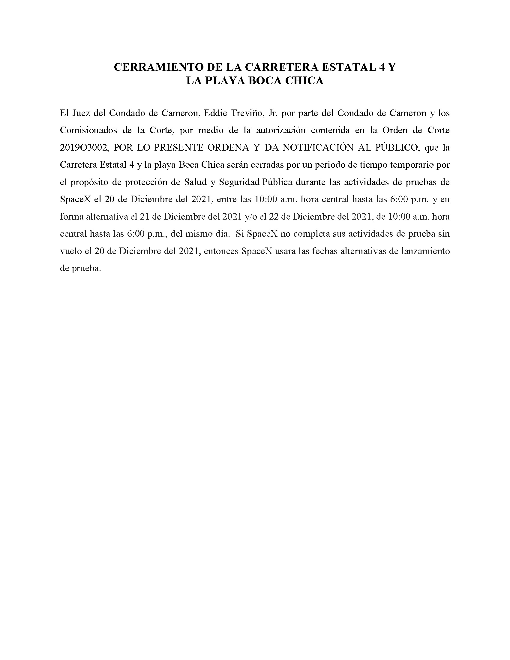ORDER.CLOSURE OF HIGHWAY 4 Y LA PLAYA BOCA CHICA.SPANISH.12.20.2021