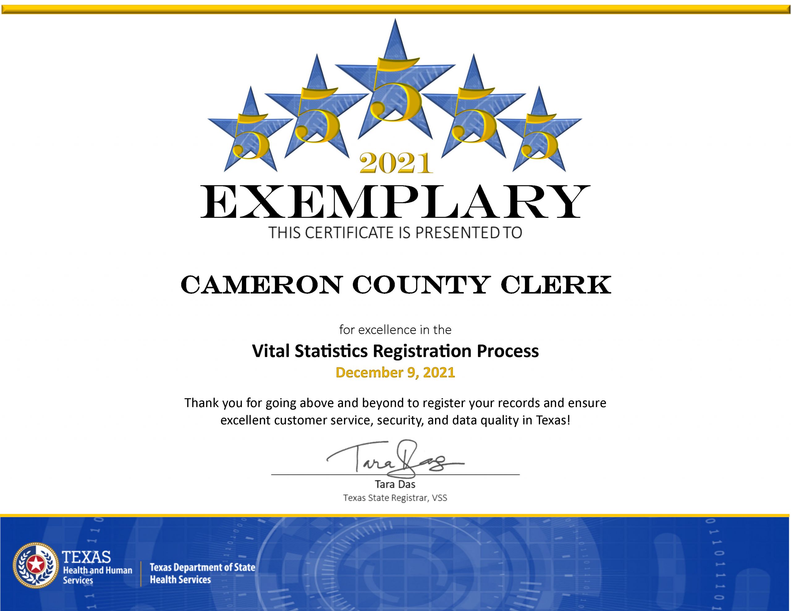 CAMERON COUNTY CLERK Exemplary 5 Star Certificate V1 Scaled