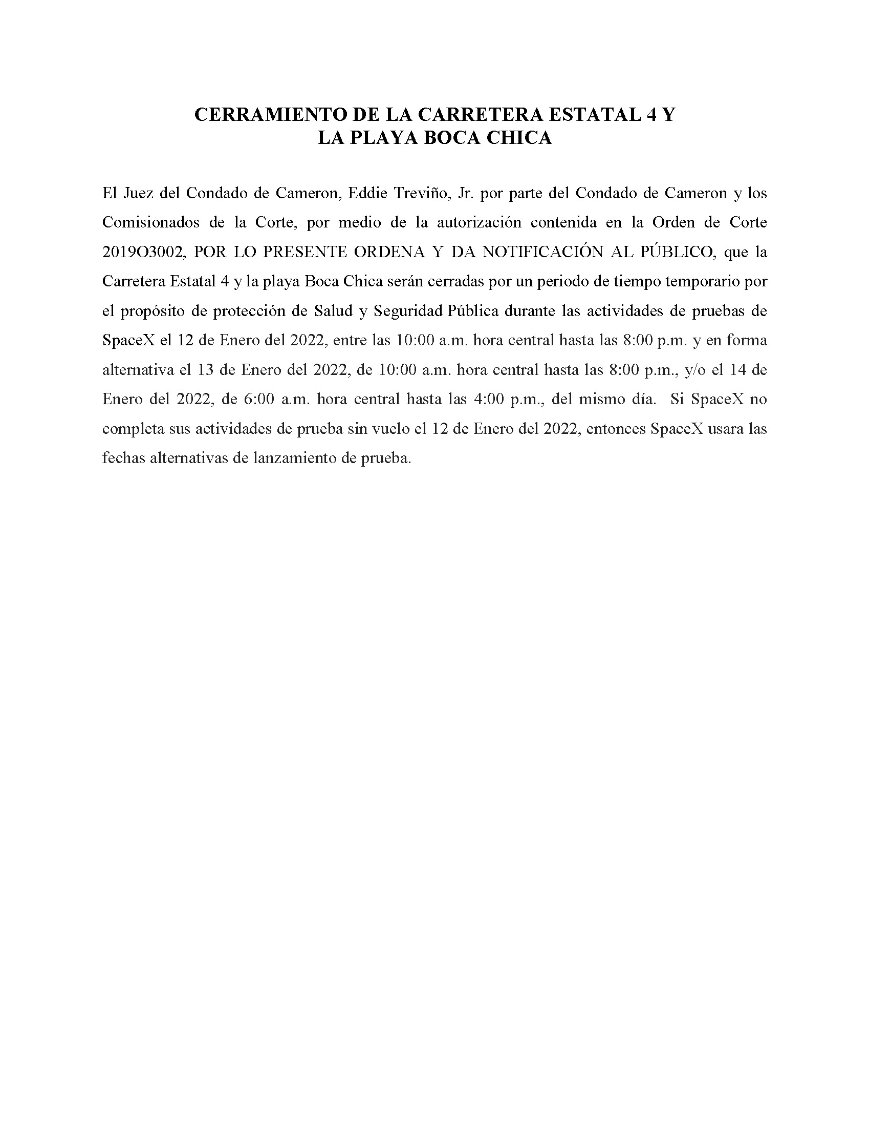 ORDER.CLOSURE OF HIGHWAY 4 Y LA PLAYA BOCA CHICA.SPANISH.01.12.2022