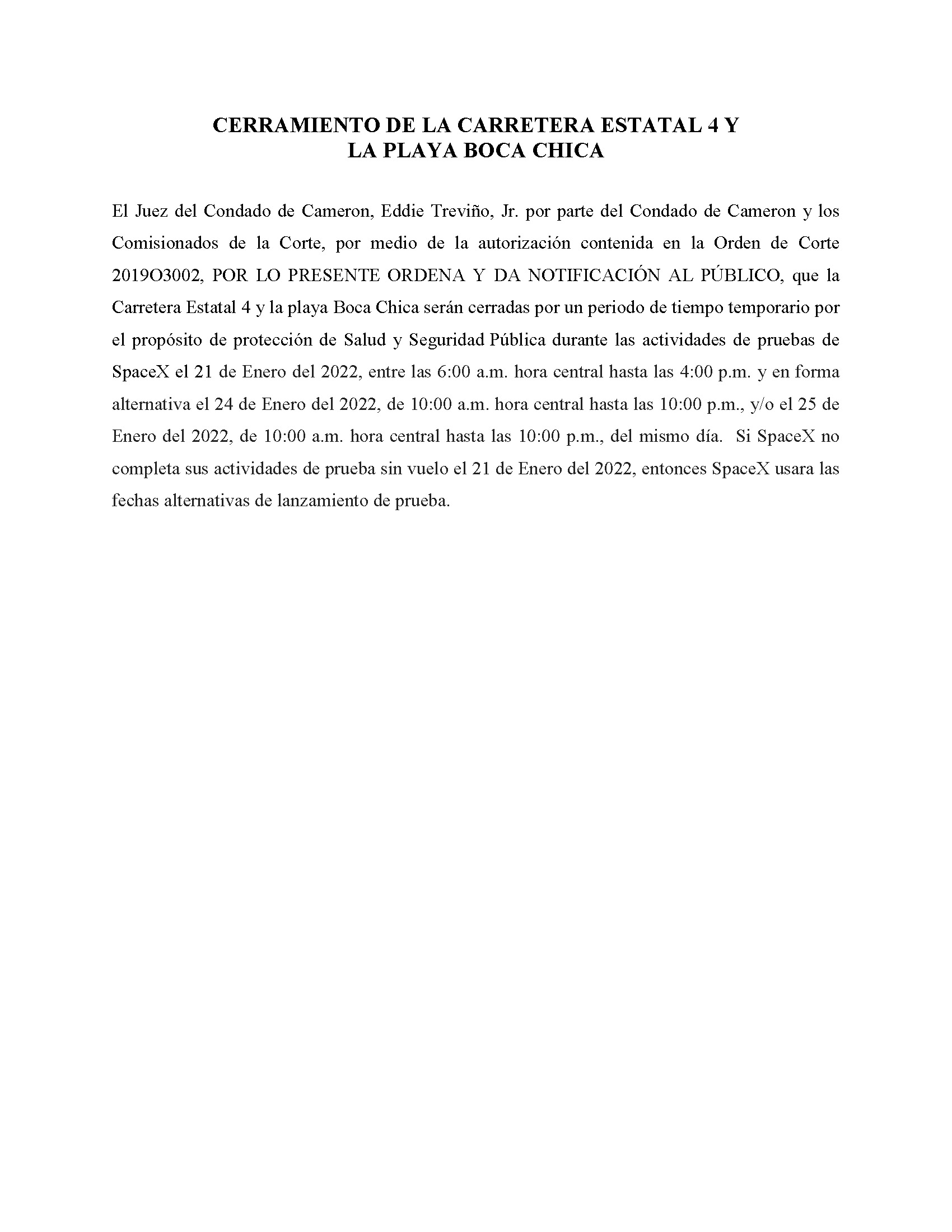 ORDER.CLOSURE OF HIGHWAY 4 Y LA PLAYA BOCA CHICA.SPANISH.01.21.2022