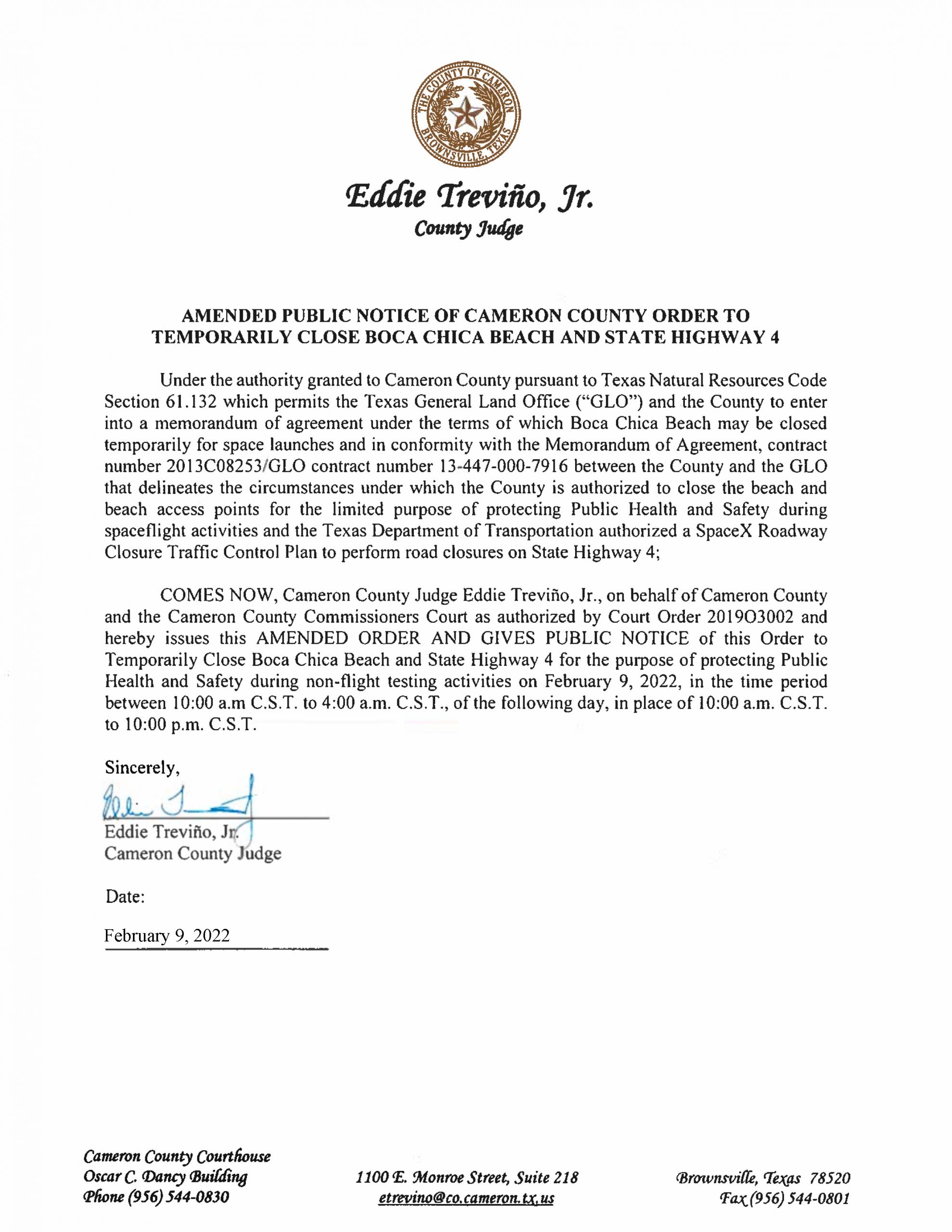 AMENDMENT PUBLIC NOTICE OF CAMERON COUNTY ORDER TO TEMP. BEACH CLOSURE AND HWY.02.09.2022 Scaled