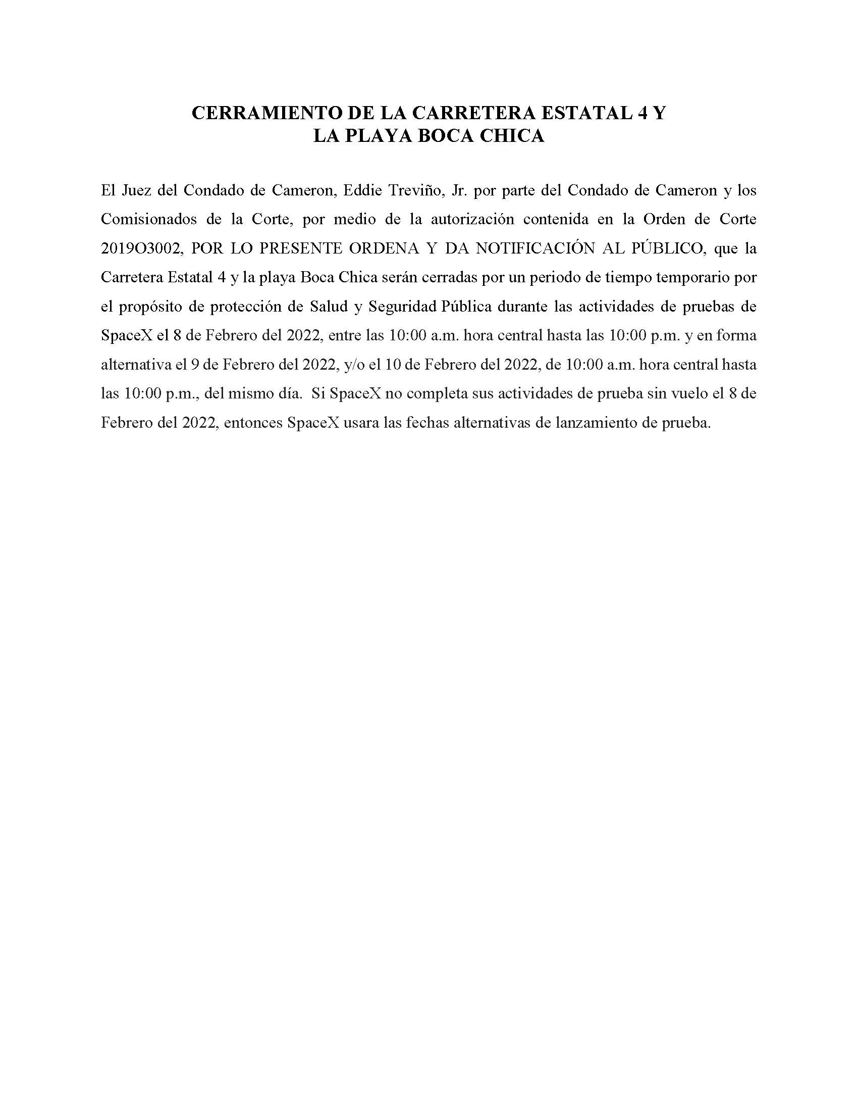 ORDER.CLOSURE OF HIGHWAY 4 Y LA PLAYA BOCA CHICA.SPANISH.02.08.2022