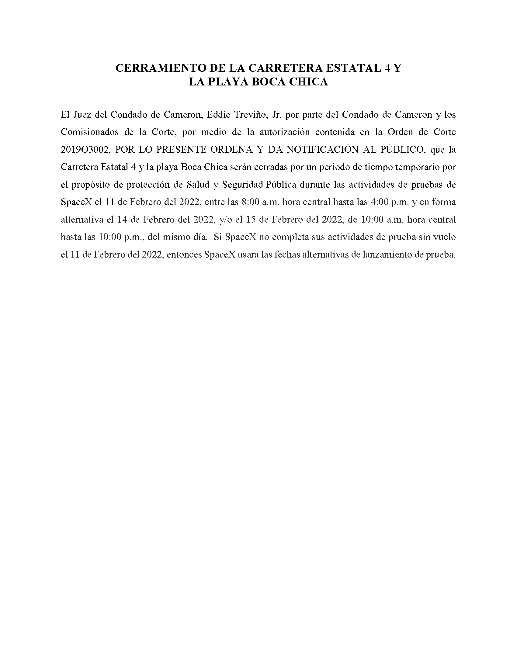 ORDER.CLOSURE OF HIGHWAY 4 Y LA PLAYA BOCA CHICA.SPANISH.02.11.2022