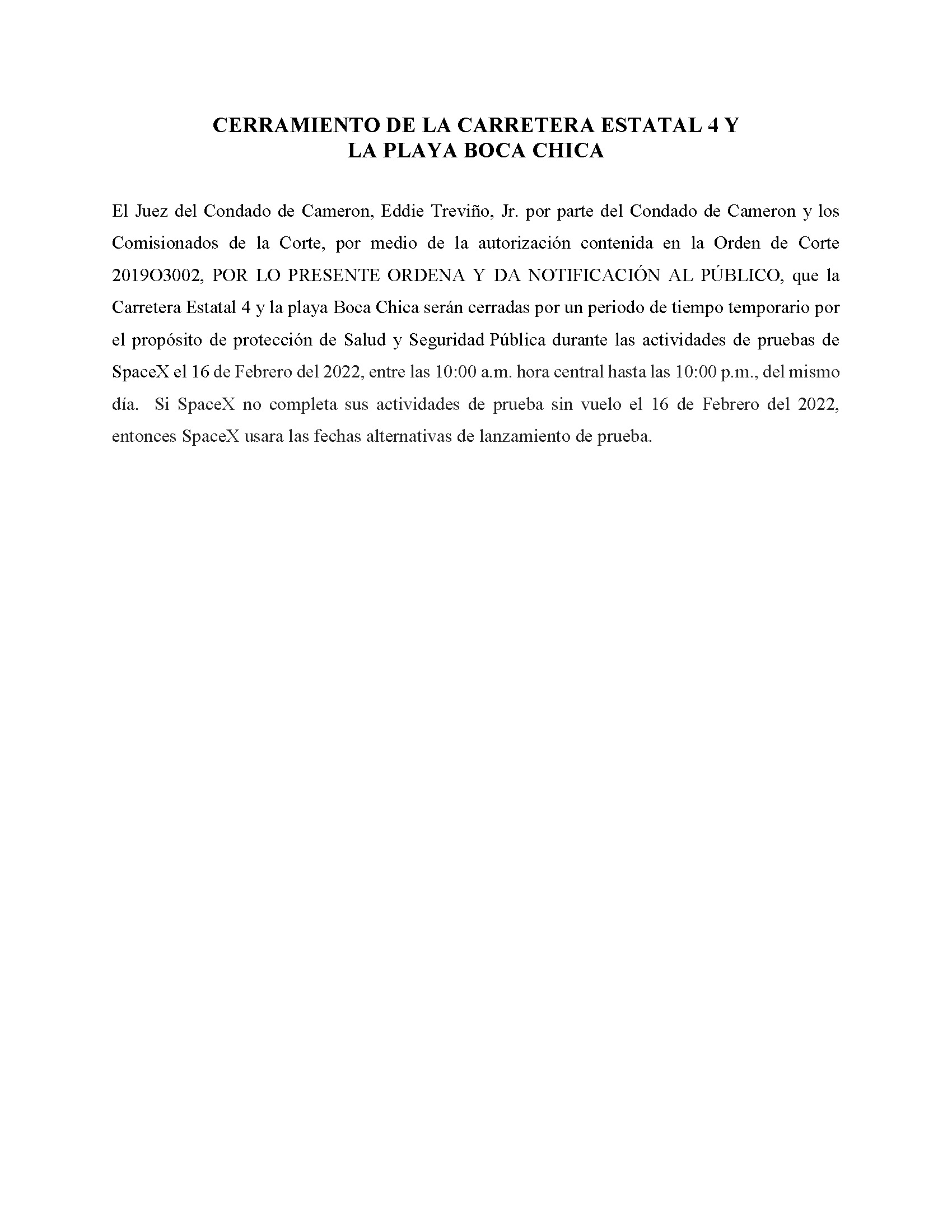 ORDER.CLOSURE OF HIGHWAY 4 Y LA PLAYA BOCA CHICA.SPANISH.02.16.2022