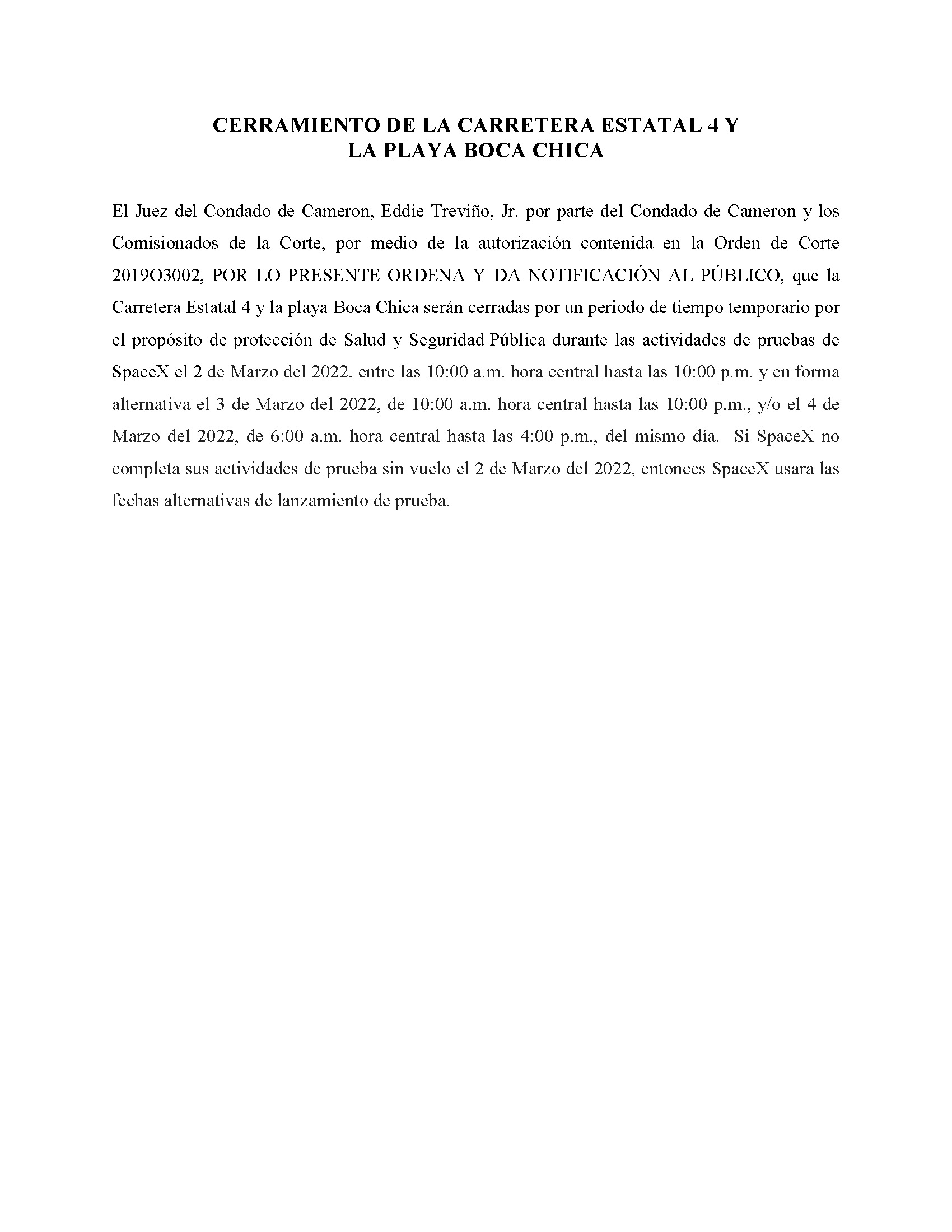 ORDER.CLOSURE OF HIGHWAY 4 Y LA PLAYA BOCA CHICA.SPANISH.03.02.2022
