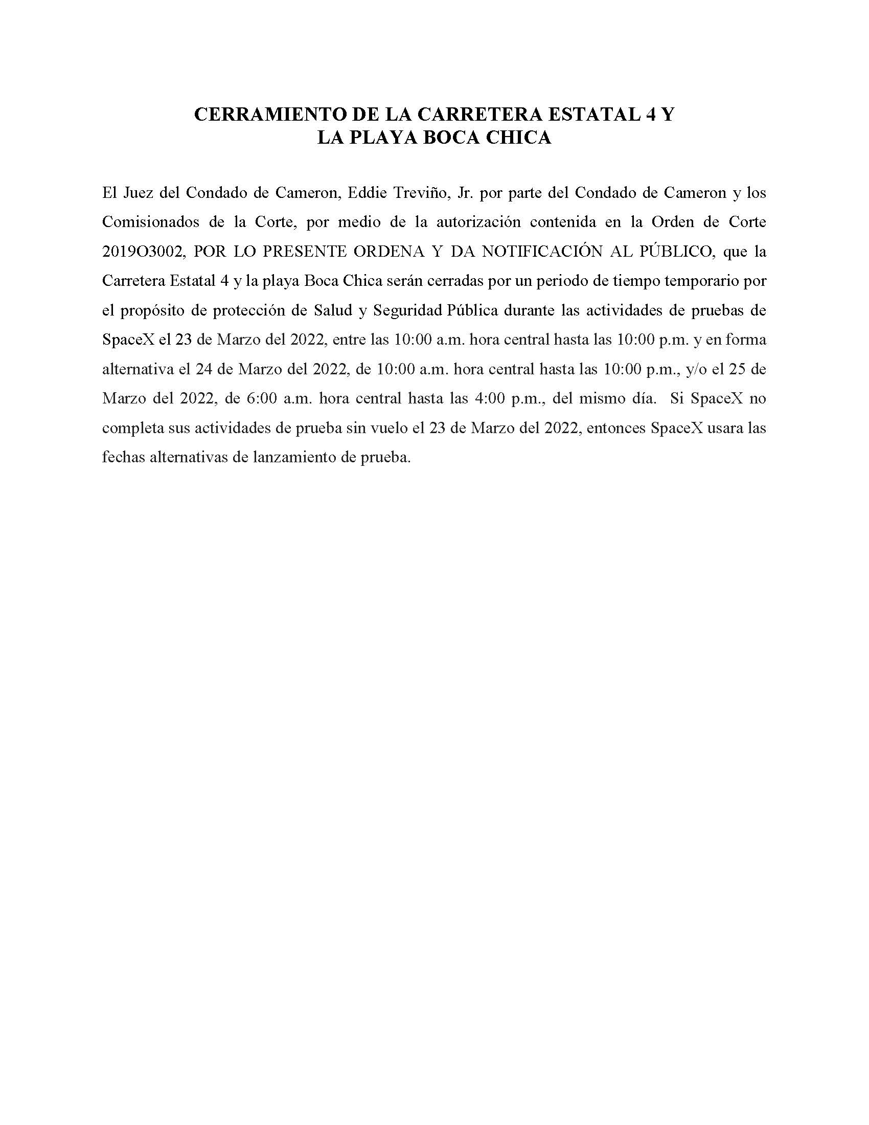 ORDER.CLOSURE OF HIGHWAY 4 Y LA PLAYA BOCA CHICA.SPANISH.03.23.2022