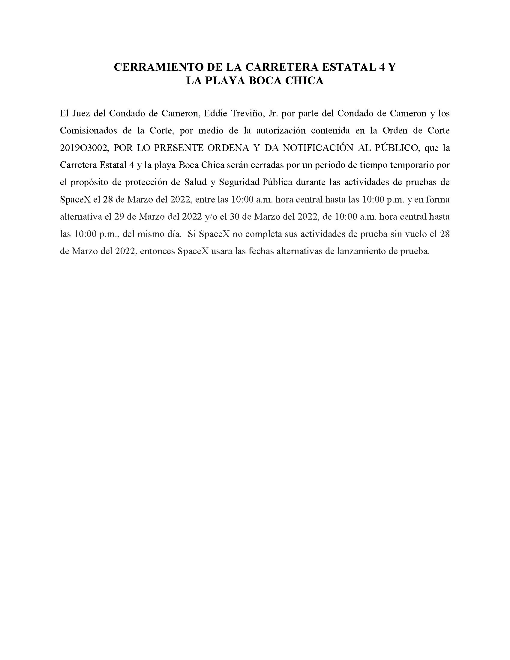 ORDER.CLOSURE OF HIGHWAY 4 Y LA PLAYA BOCA CHICA.SPANISH.03.28.2022