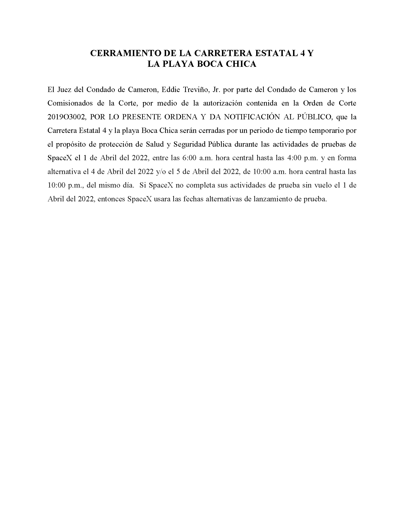 ORDER.CLOSURE OF HIGHWAY 4 Y LA PLAYA BOCA CHICA.SPANISH.04.01.2022