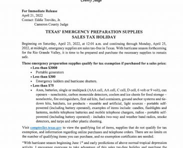 4.21.22 Texas' Emergency Supplies Sales Tax-Free Holiday
