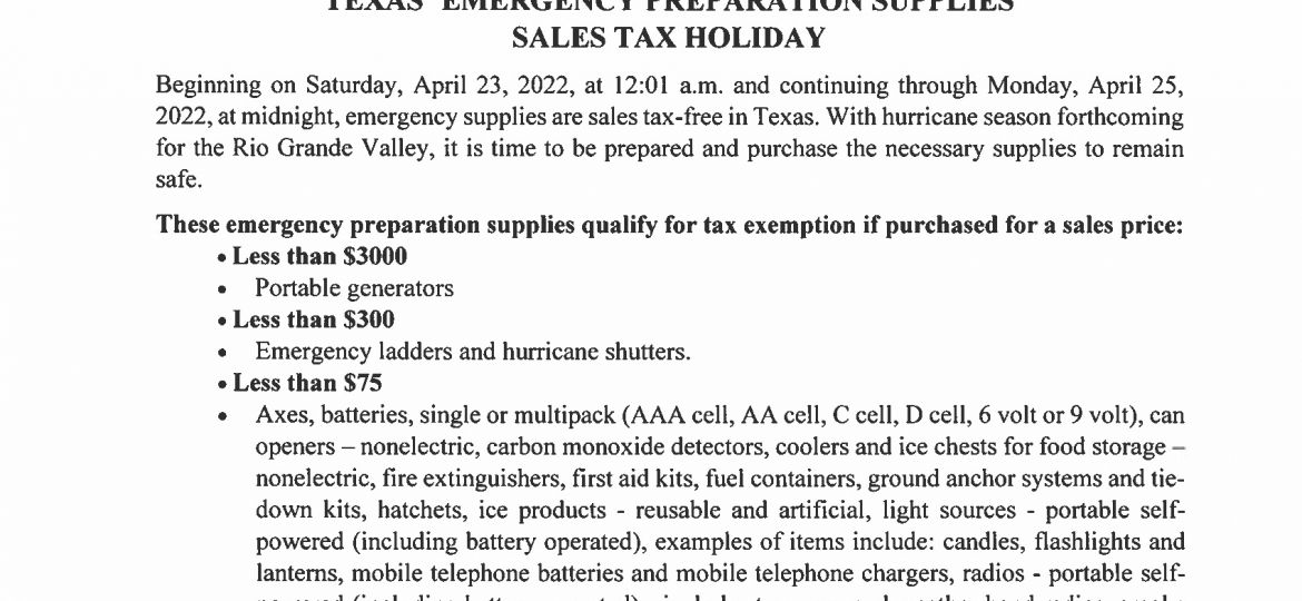 4.21.22 Texas' Emergency Supplies Sales Tax-Free Holiday