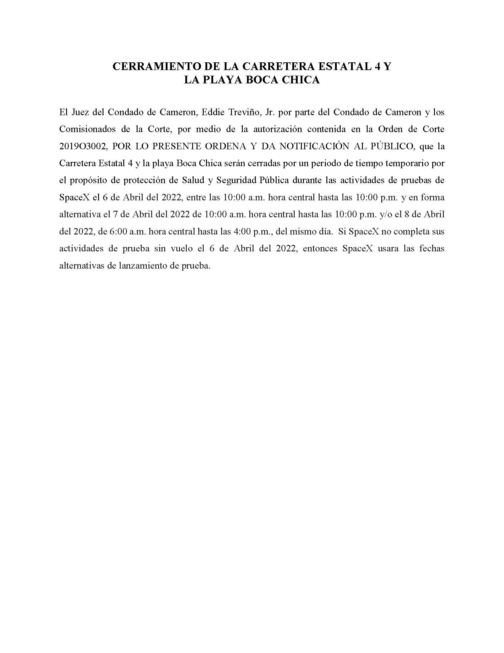 ORDER.CLOSURE OF HIGHWAY 4 Y LA PLAYA BOCA CHICA.SPANISH.04.06.2022
