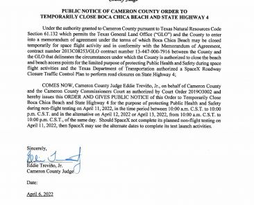 PUBLIC NOTICE OF CAMERON COUNTY ORDER TO TEMP. BEACH CLOSURE AND HWY.04.11.2022