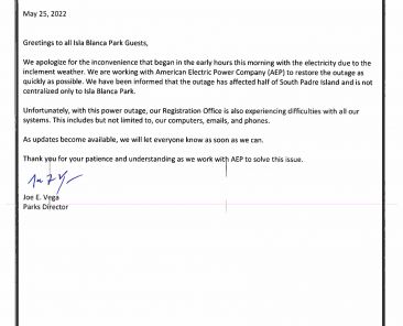 Isla Blanca Park Power Outage