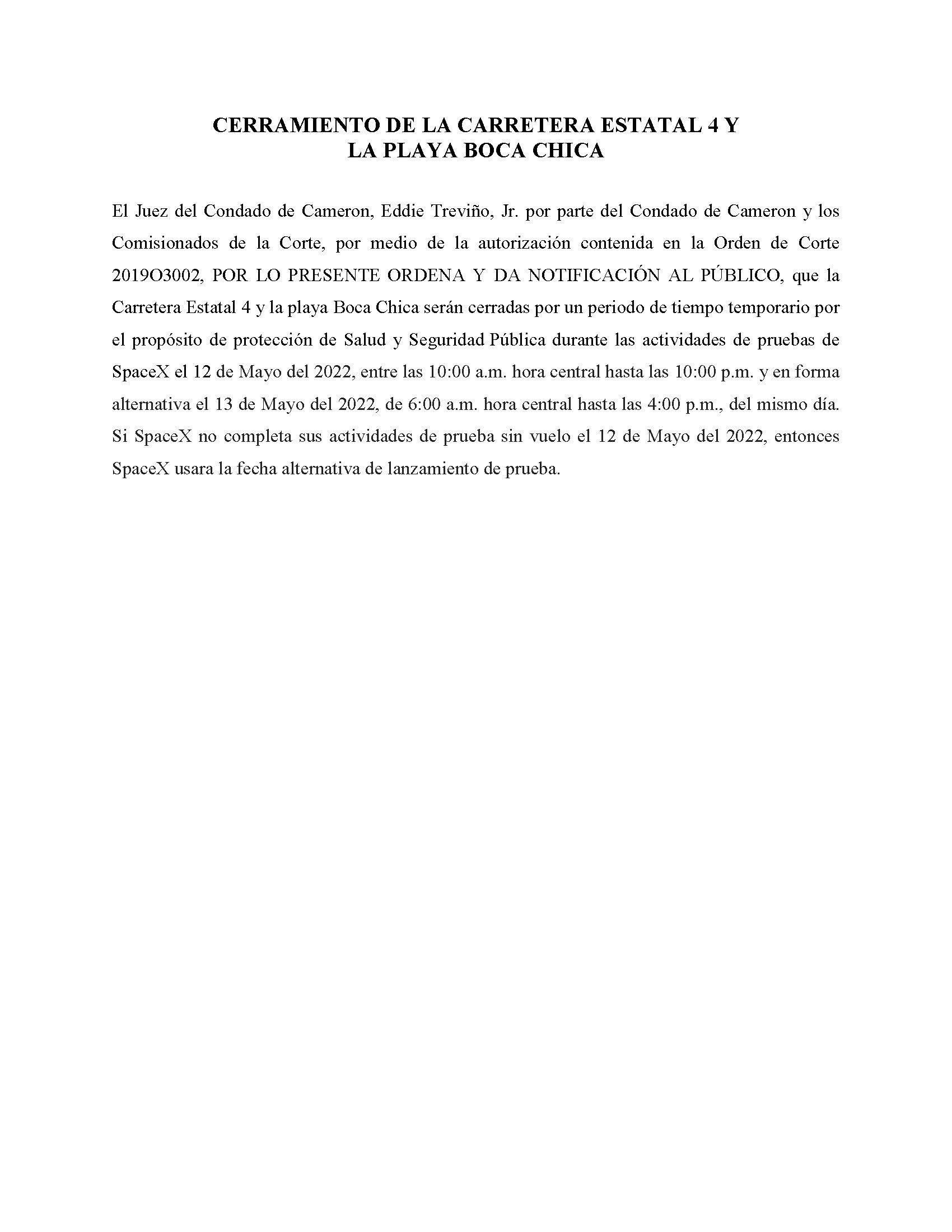 ORDER.CLOSURE OF HIGHWAY 4 Y LA PLAYA BOCA CHICA.SPANISH.05.12.2022