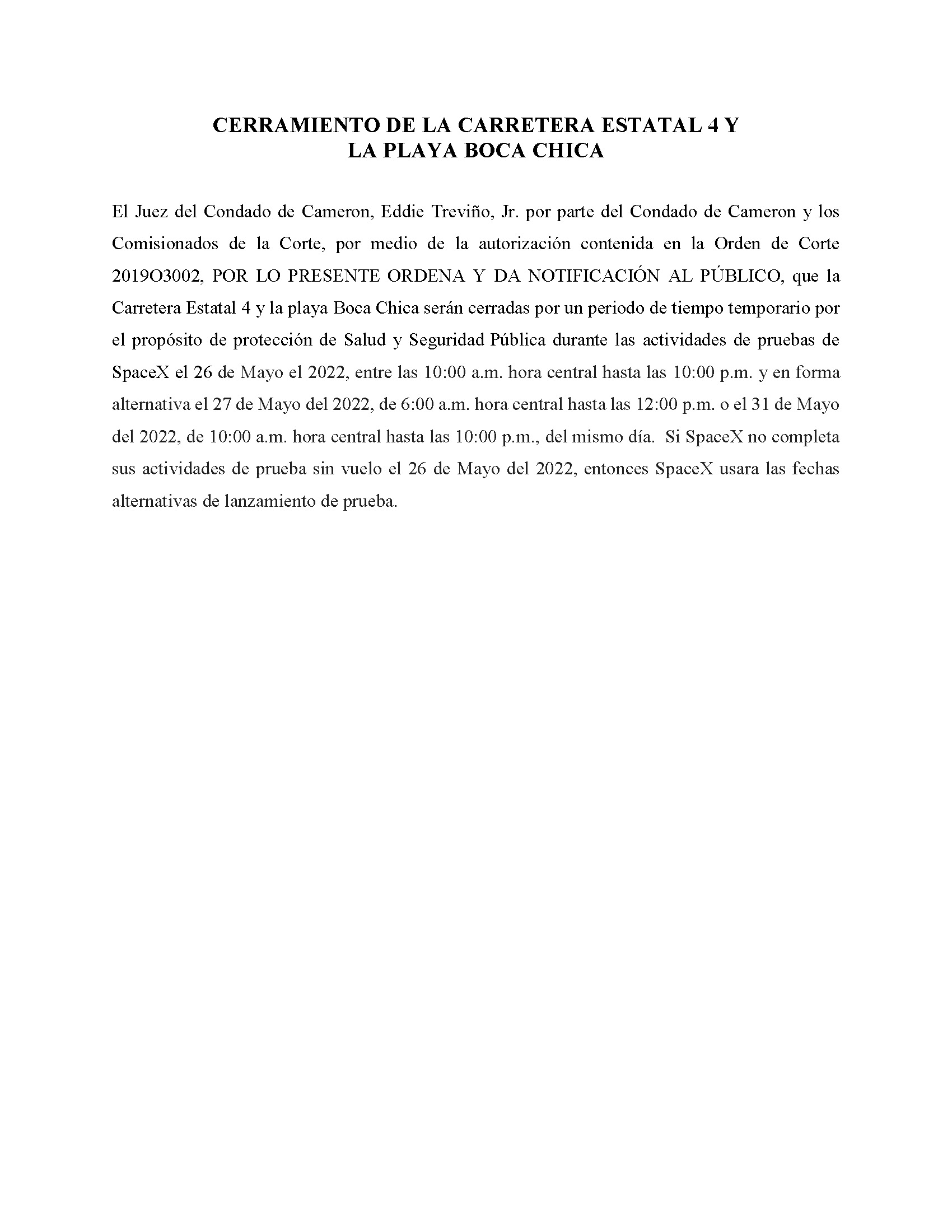 ORDER.CLOSURE OF HIGHWAY 4 Y LA PLAYA BOCA CHICA.SPANISH.05.26.2022