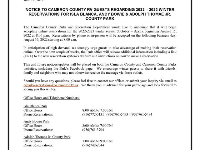 2022-2023 Winter Reservation Press Release