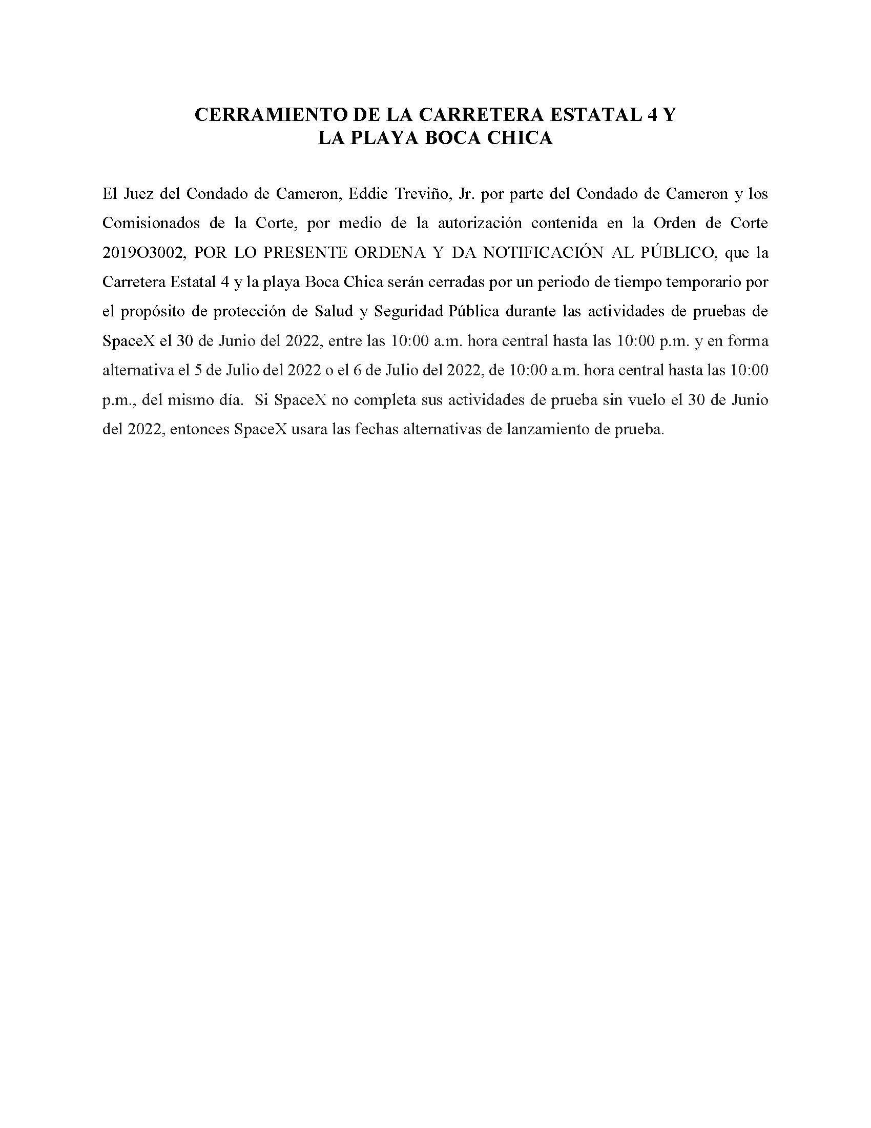 ORDER.CLOSURE OF HIGHWAY 4 Y LA PLAYA BOCA CHICA.SPANISH.06.30.2022