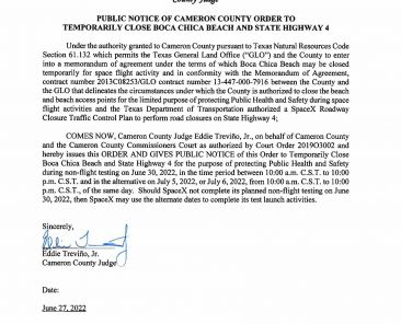 PUBLIC NOTICE OF CAMERON COUNTY ORDER TO TEMP. BEACH CLOSURE AND HWY.06.30.22.docx