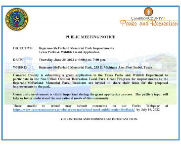 Public Meeting Flier_TPWD Grant Application_Bejarano-McFarland Community Park