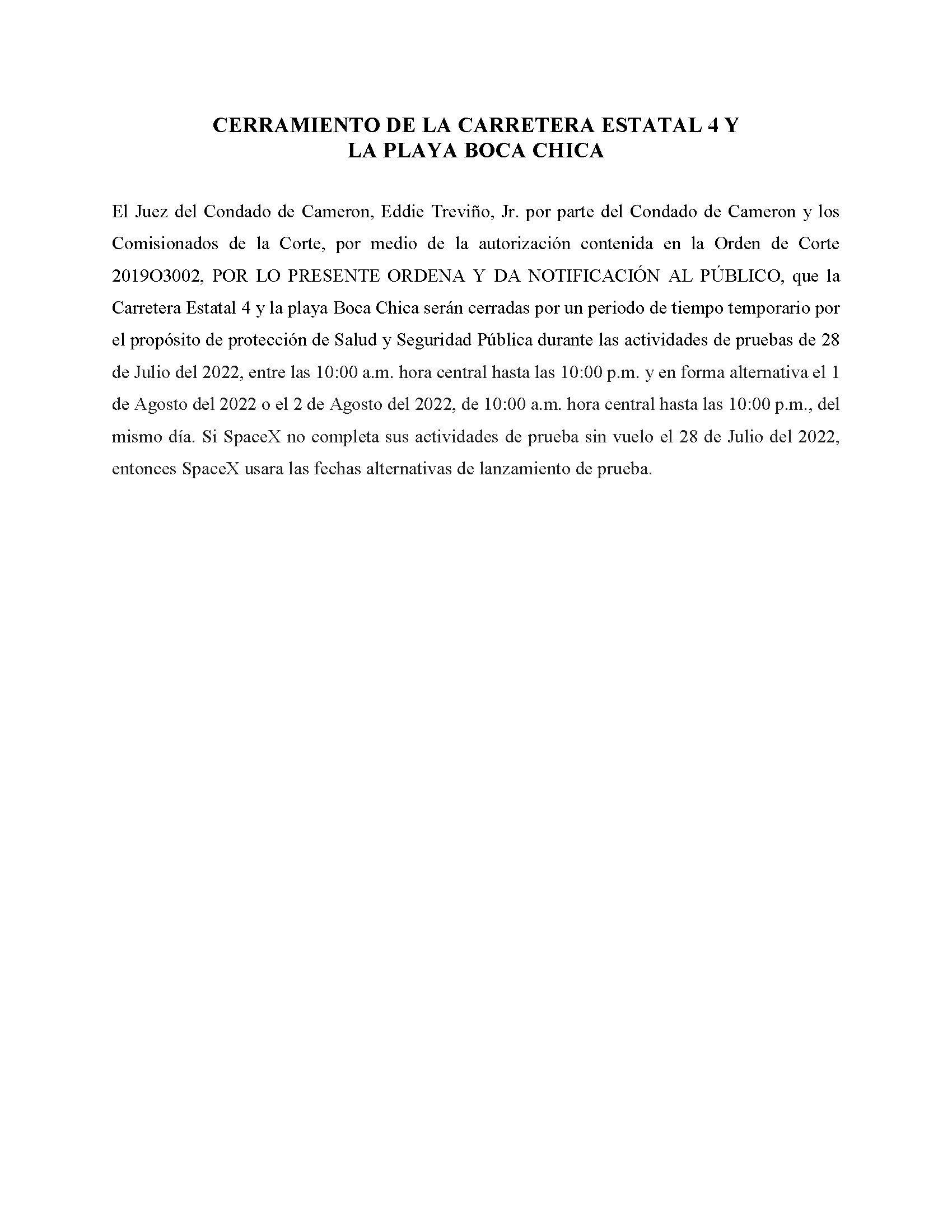 ORDER.CLOSURE OF HIGHWAY 4 Y LA PLAYA BOCA CHICA.SPANISH.07.28.2022