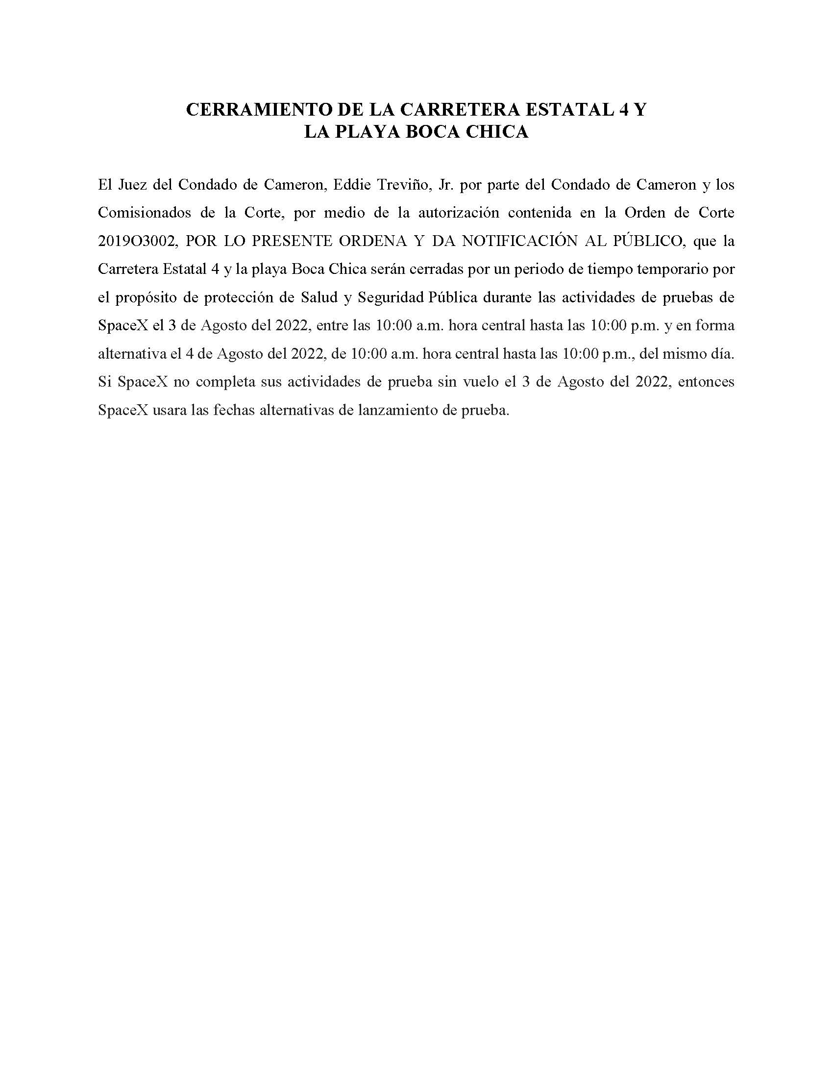 ORDER.CLOSURE OF HIGHWAY 4 Y LA PLAYA BOCA CHICA.SPANISH.08.03.2022