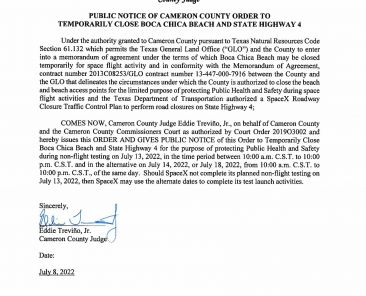 PUBLIC NOTICE OF CAMERON COUNTY ORDER TO TEMP. BEACH CLOSURE AND HWY.07.13.22.docx