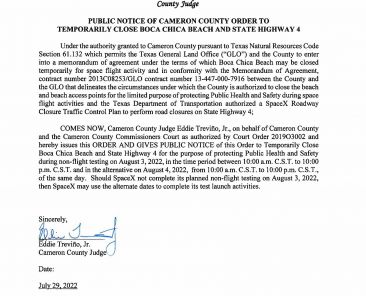 PUBLIC NOTICE OF CAMERON COUNTY ORDER TO TEMP. BEACH CLOSURE AND HWY.08.03.22