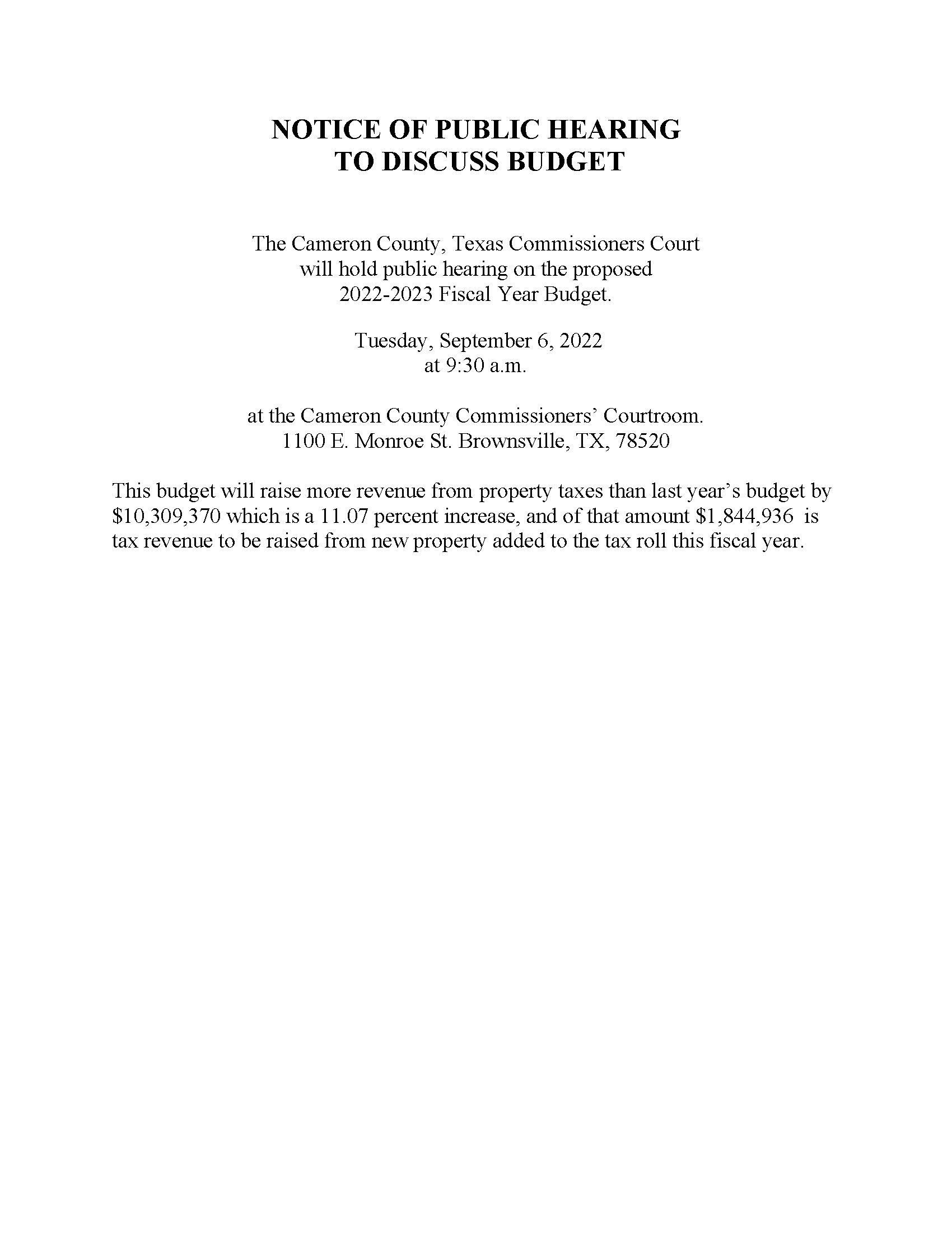2022 2023 NOTICE OF PUBLIC HEARING BUDGET