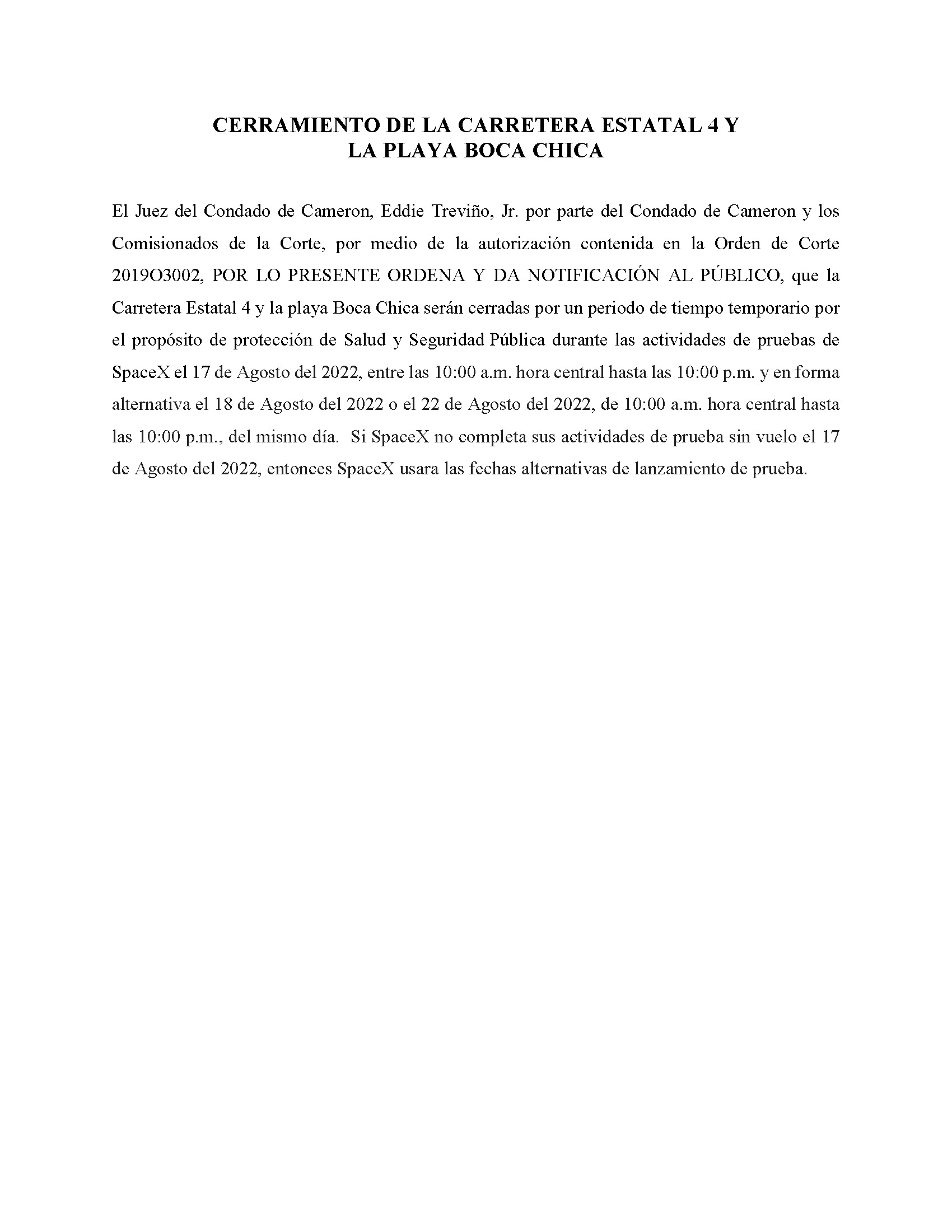 ORDER.CLOSURE OF HIGHWAY 4 Y LA PLAYA BOCA CHICA.SPANISH.08.17.2022
