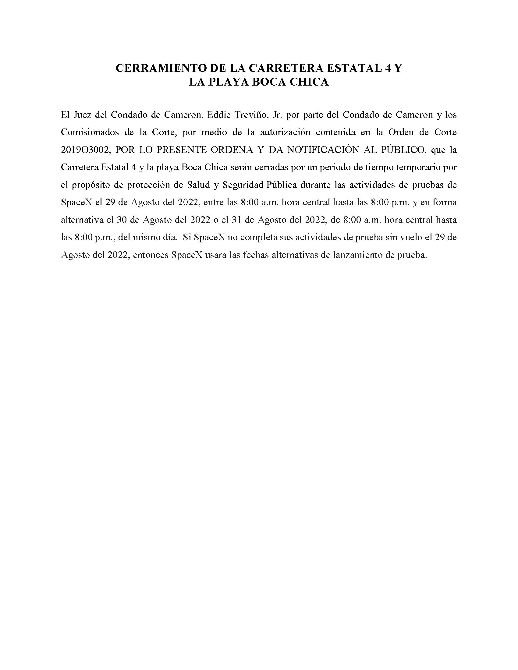 ORDER.CLOSURE OF HIGHWAY 4 Y LA PLAYA BOCA CHICA.SPANISH.08.29.2022