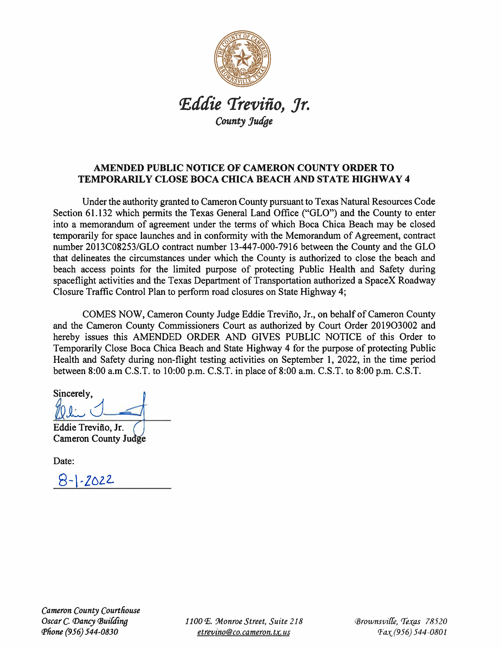 AMENDMENT PUBLIC NOTICE OF CAMERON COUNTY ORDER TO TEMP. BEACH CLOSURE AND HWY.09.01.2022