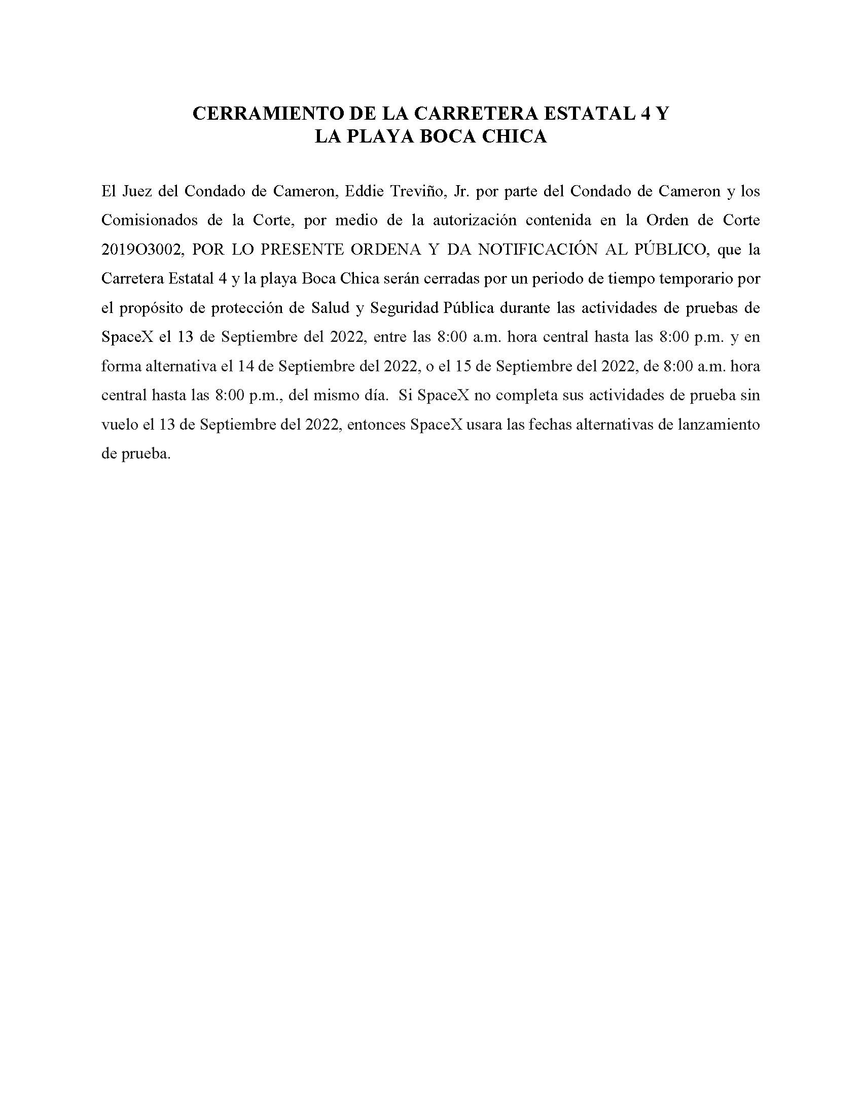 ORDER.CLOSURE OF HIGHWAY 4 Y LA PLAYA BOCA CHICA.SPANISH.09.13.2022