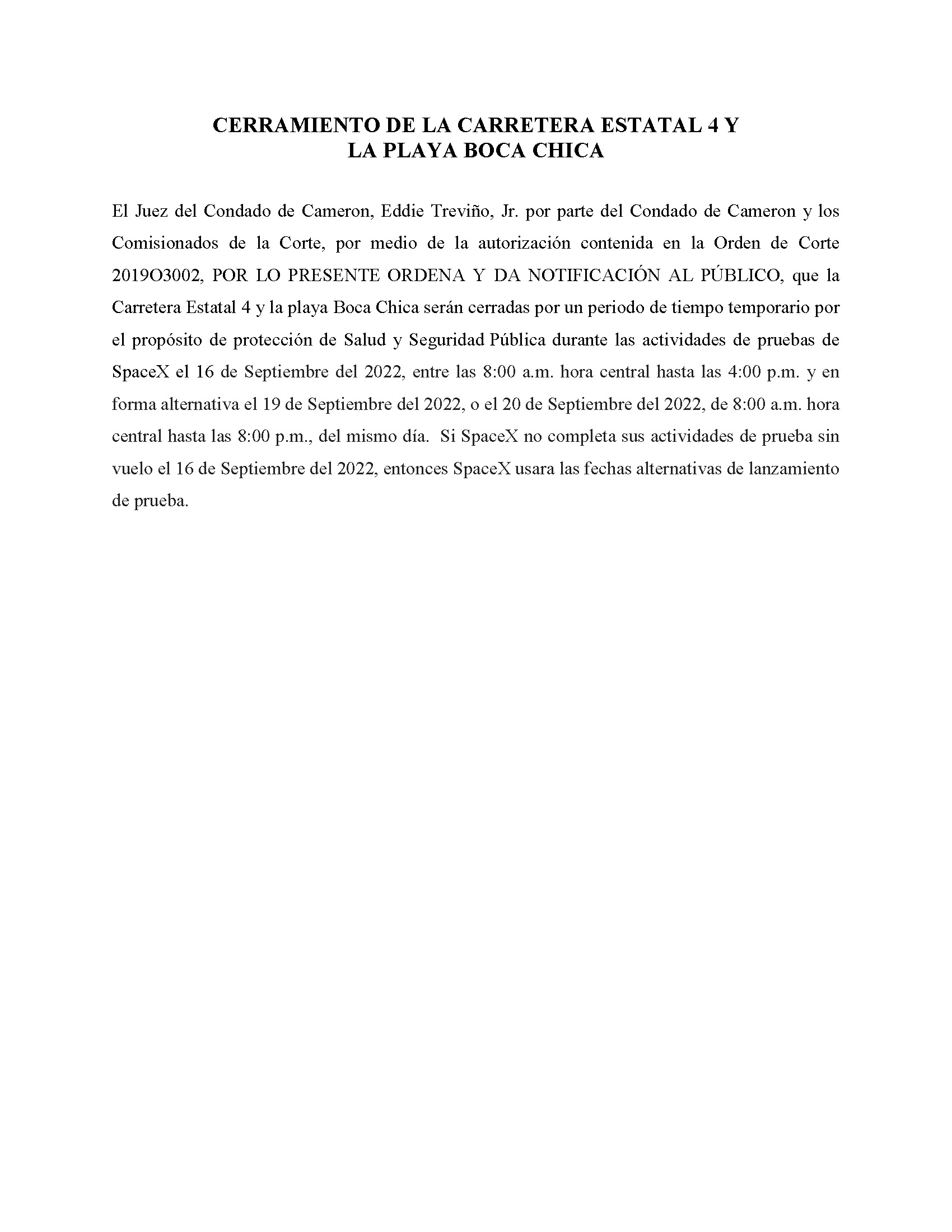 ORDER.CLOSURE OF HIGHWAY 4 Y LA PLAYA BOCA CHICA.SPANISH.09.16.2022