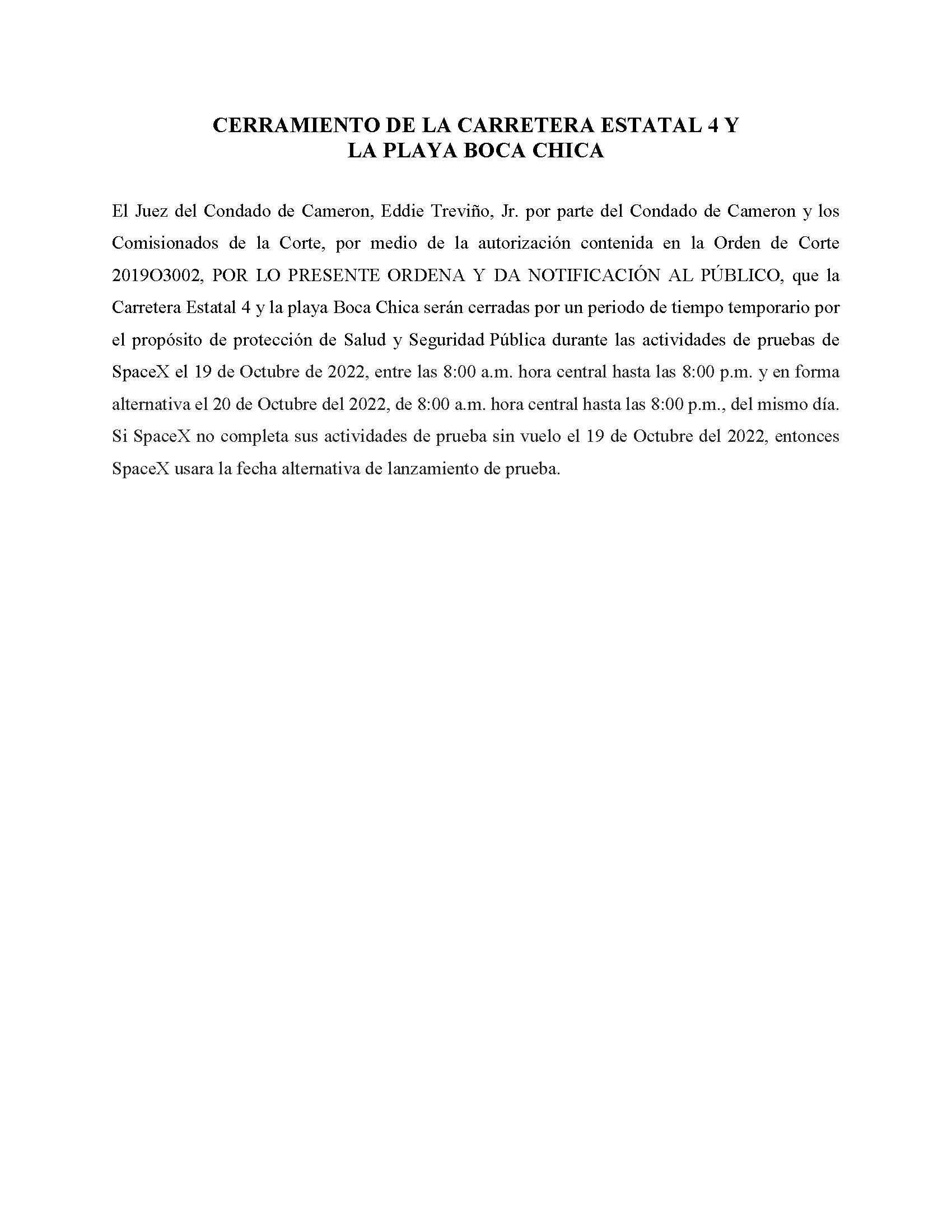 ORDER.CLOSURE OF HIGHWAY 4 Y LA PLAYA BOCA CHICA.SPANISH.10.19.2022