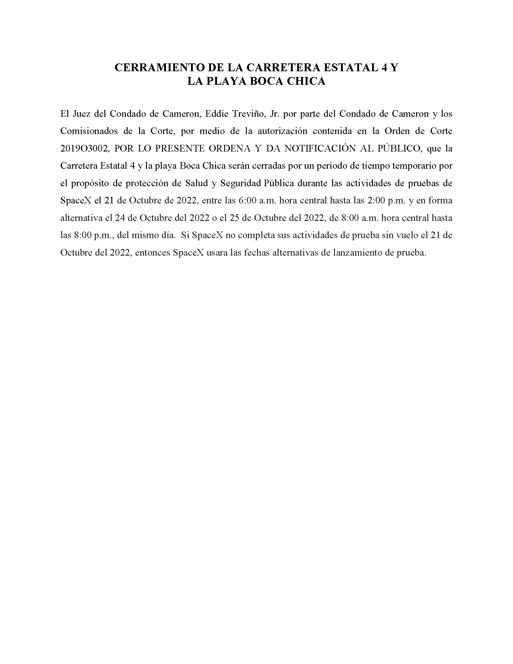 ORDER.CLOSURE OF HIGHWAY 4 Y LA PLAYA BOCA CHICA.SPANISH.10.21.2022