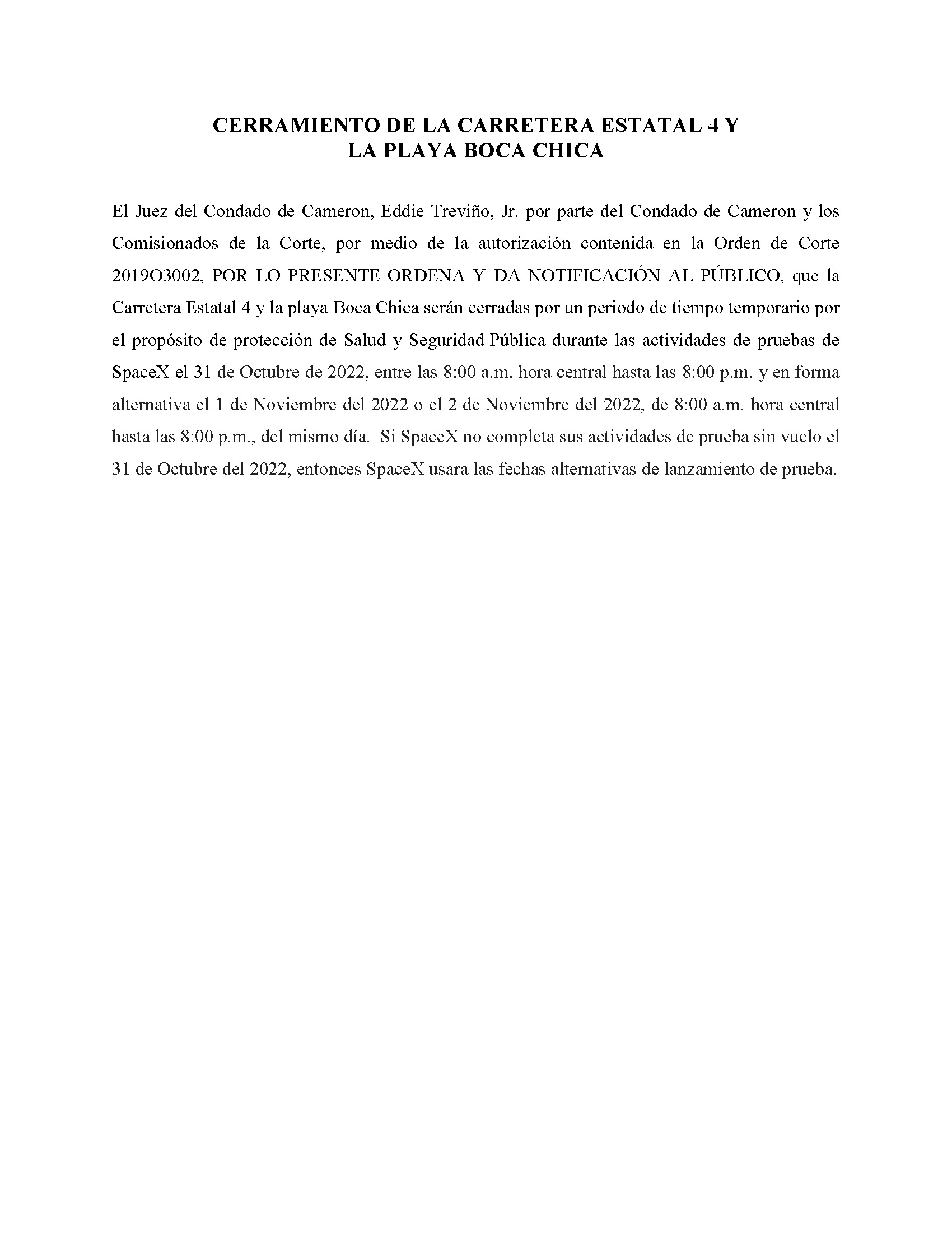ORDER.CLOSURE OF HIGHWAY 4 Y LA PLAYA BOCA CHICA.SPANISH.10.31.2022