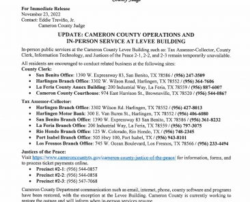 11.23.22 Update Cameron County Operations and In-Person Service at Levee Building